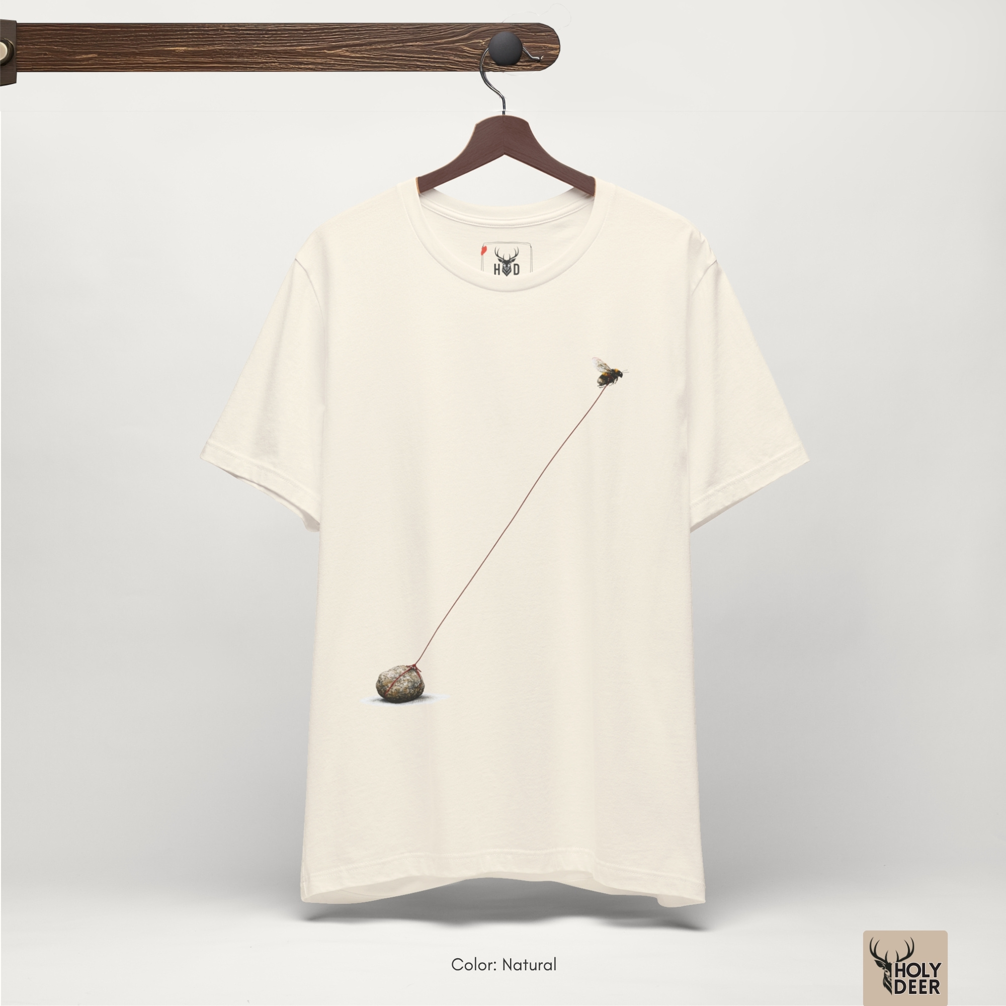 Micro realism printing details showcasing the fine translucent wing veins, yellow abdominal fuzz, and sharp vector precision of the insect art tee design.