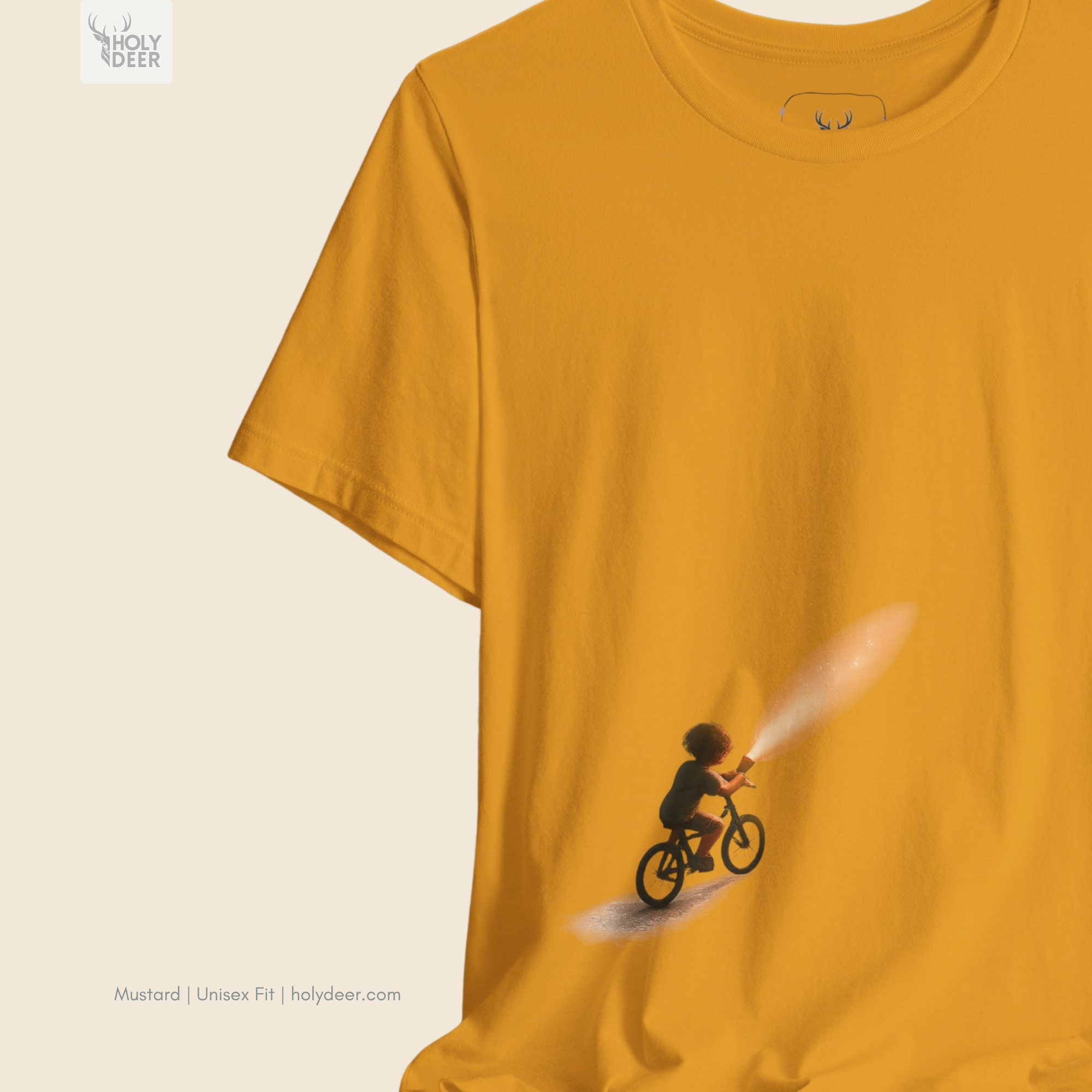Angled perspective of the premium screen-printed Minimalist Dream Bike Tee, detailing the thick paint feel of the glowing flashlight beam element, off-centered placement, and the signature holydeer tee high-contrast layout.
