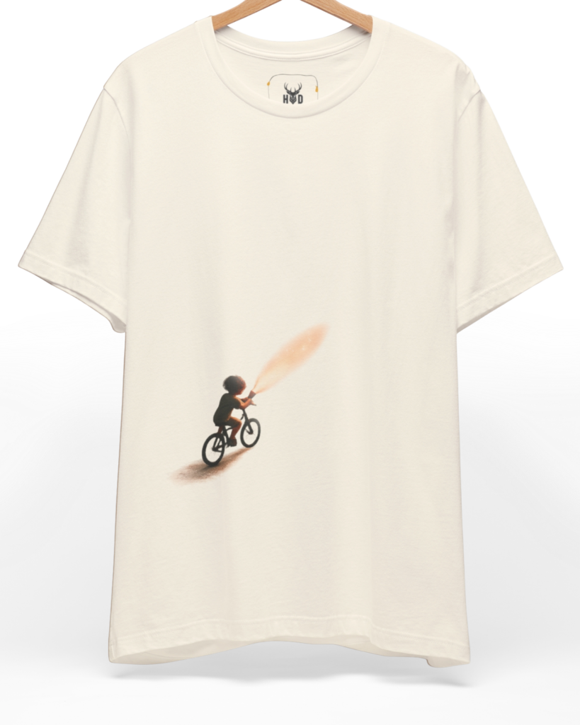Premium Minimalist Dream Bike Tee displaying a high-detail silhouette tshirt and warm flashlight beam concept on a soft color tee cream layout, designed by Holydeer Clothing.