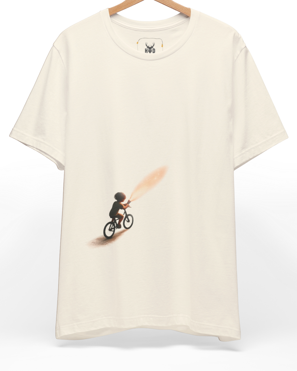 Premium Minimalist Dream Bike Tee displaying a high-detail silhouette tshirt and warm flashlight beam concept on a soft color tee cream layout, designed by Holydeer Clothing.