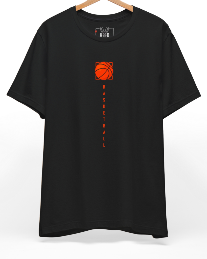 Premium Minimalist Hoops Life Graphic Tee displaying a high-detail orange basketball and vertical typography concept on a black graphic tee layout, designed by Holydeer Clothing.