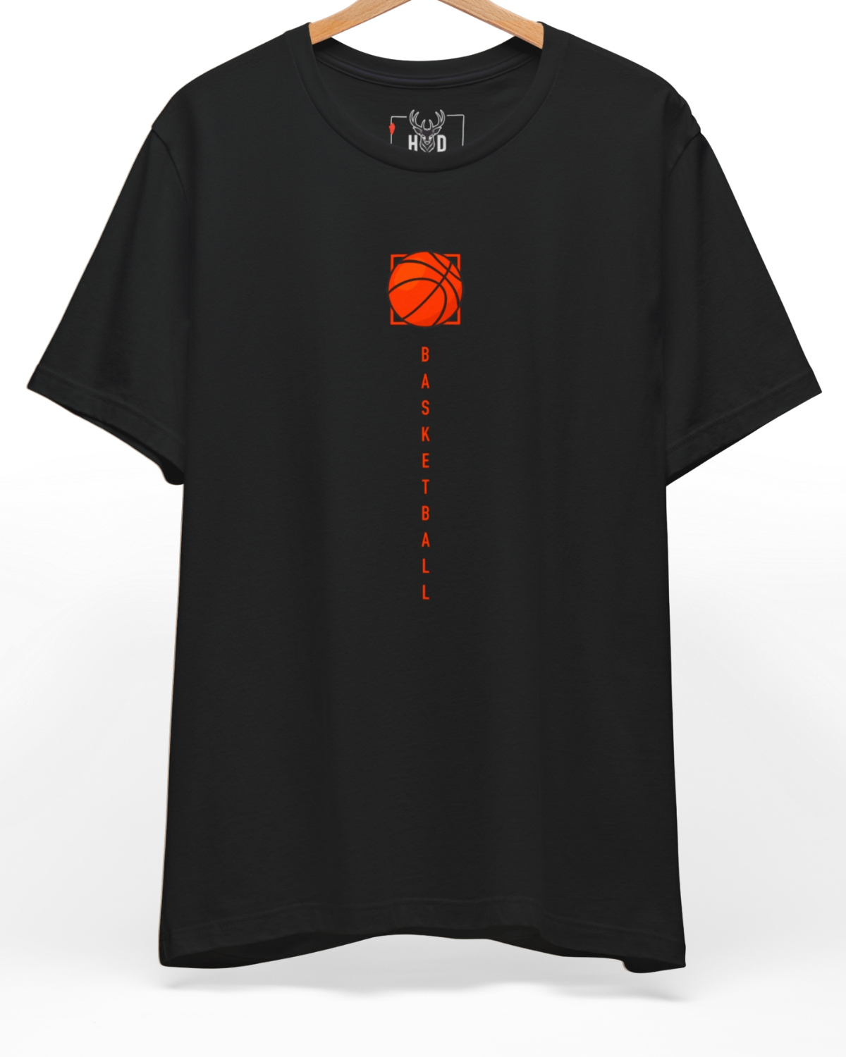 Premium Minimalist Hoops Life Graphic Tee displaying a high-detail orange basketball and vertical typography concept on a black graphic tee layout, designed by Holydeer Clothing.