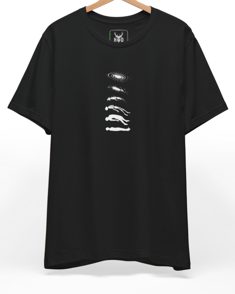 Premium Cosmic Evolution Tee displaying a high-detail universe art shirt sequence and minimalist galaxy concept on a black graphic shirt canvas, designed by Holydeer Clothing.