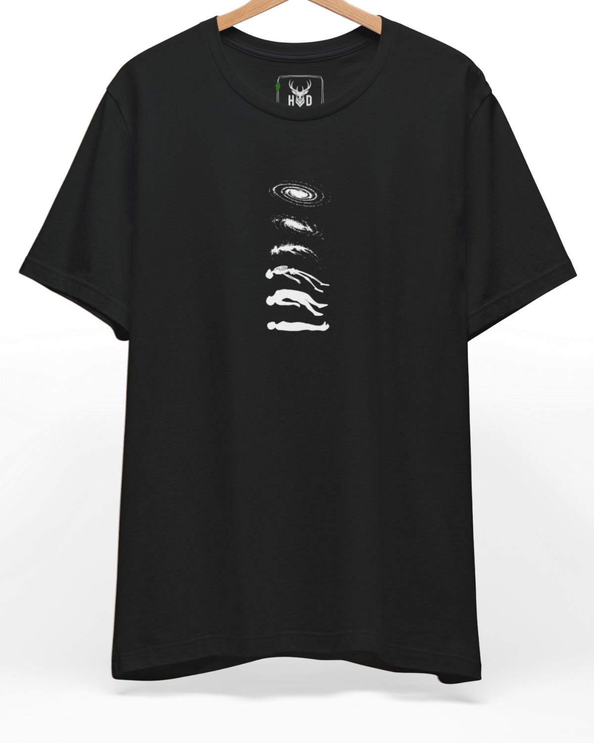 Premium Cosmic Evolution Tee displaying a high-detail universe art shirt sequence and minimalist galaxy concept on a black graphic shirt canvas, designed by Holydeer Clothing.