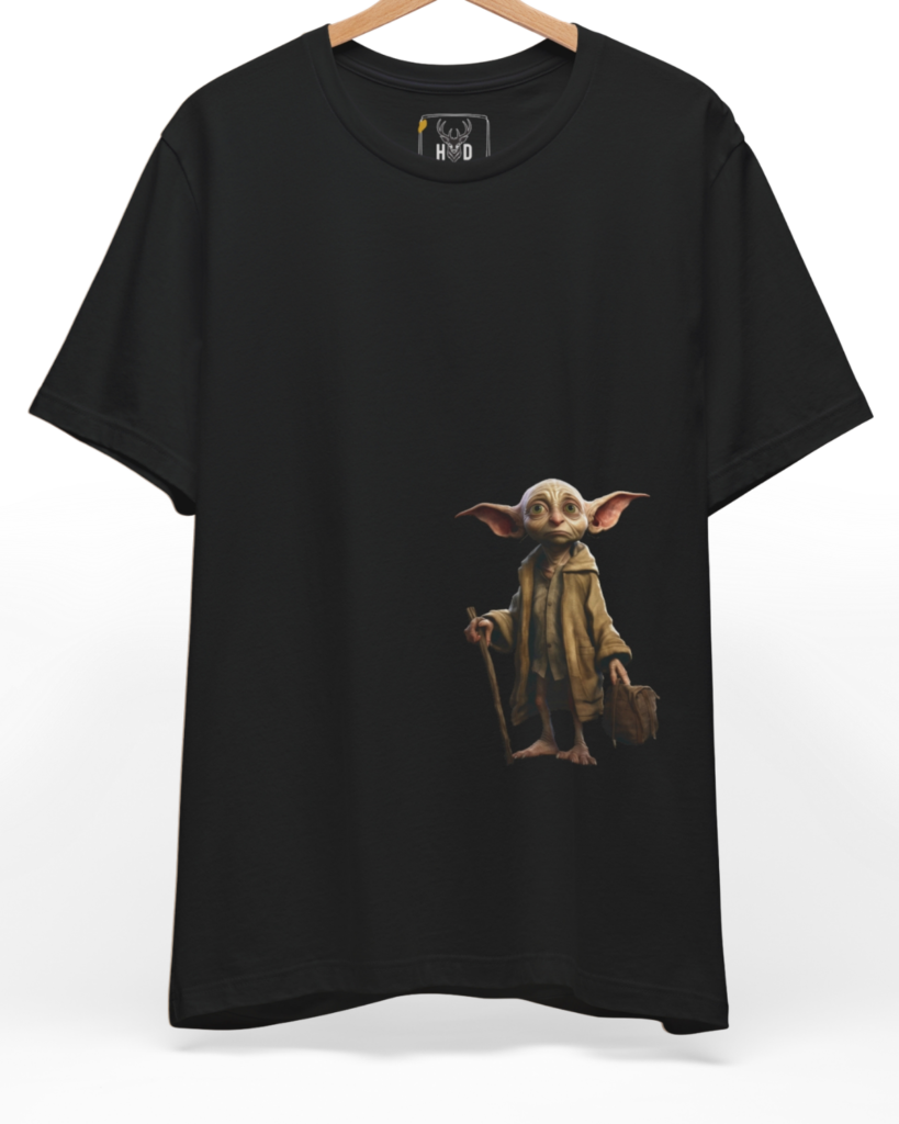 Premium Fantasy Traveler Tee displaying a high-detail mythical being art and wizard goblin art concept on a black graphic tee layout, designed by Holydeer Clothing.