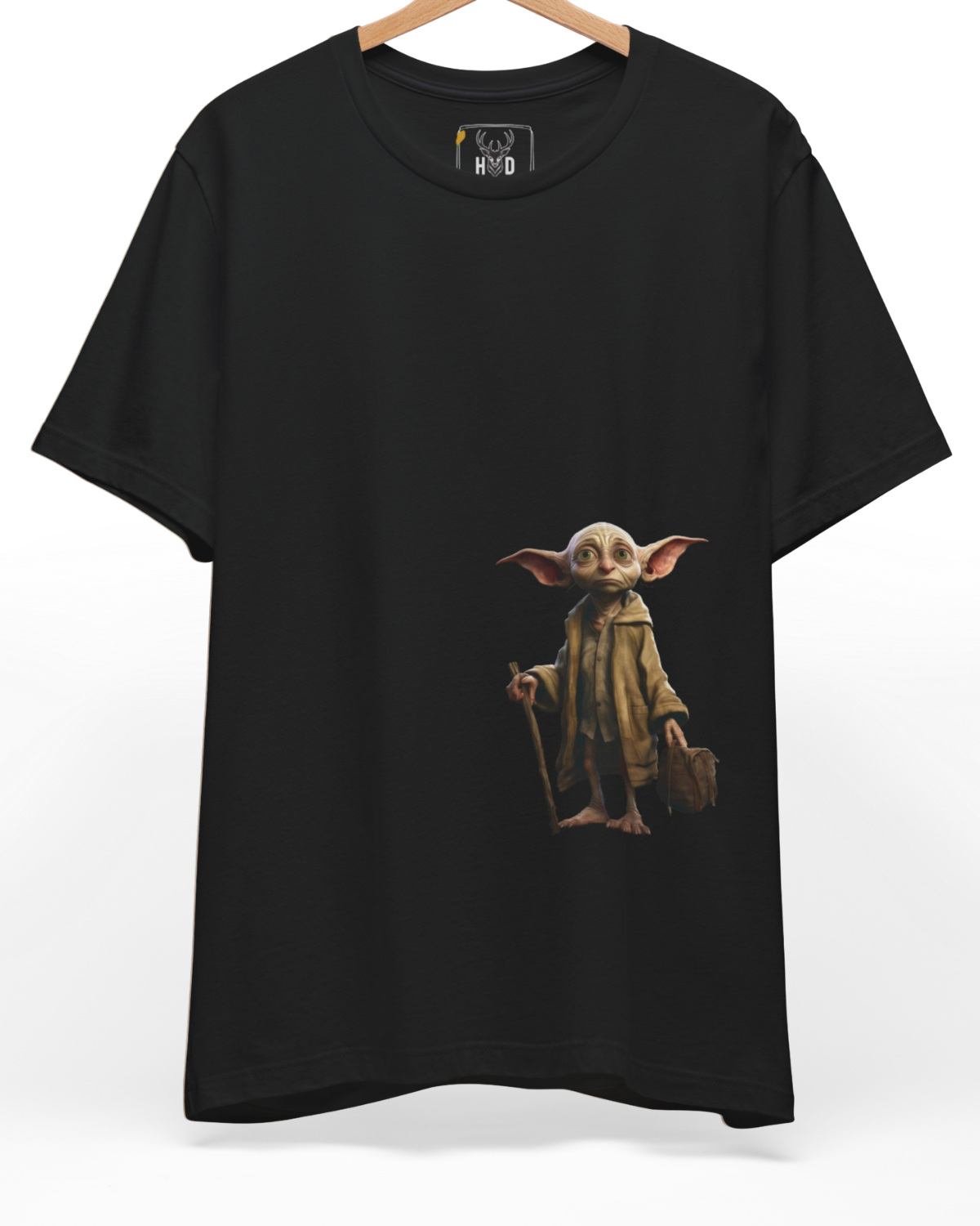 Premium Fantasy Traveler Tee displaying a high-detail mythical being art and wizard goblin art concept on a black graphic tee layout, designed by Holydeer Clothing.