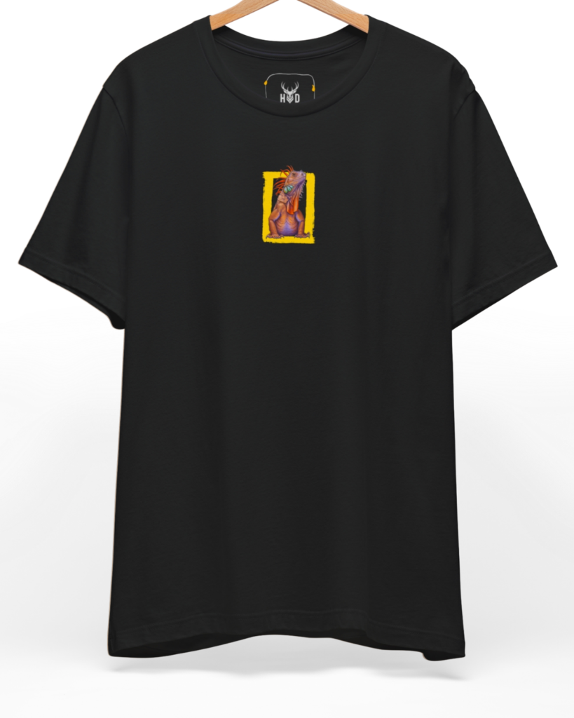 An eye-level studio presentation highlighting the modern-graphic-tee-nature-enthusiast-iguana-graphic-top-black-finish-holydeer-lifestyle.jpg artwork offset on a premium combed teal canvas by Holydeer Clothing.