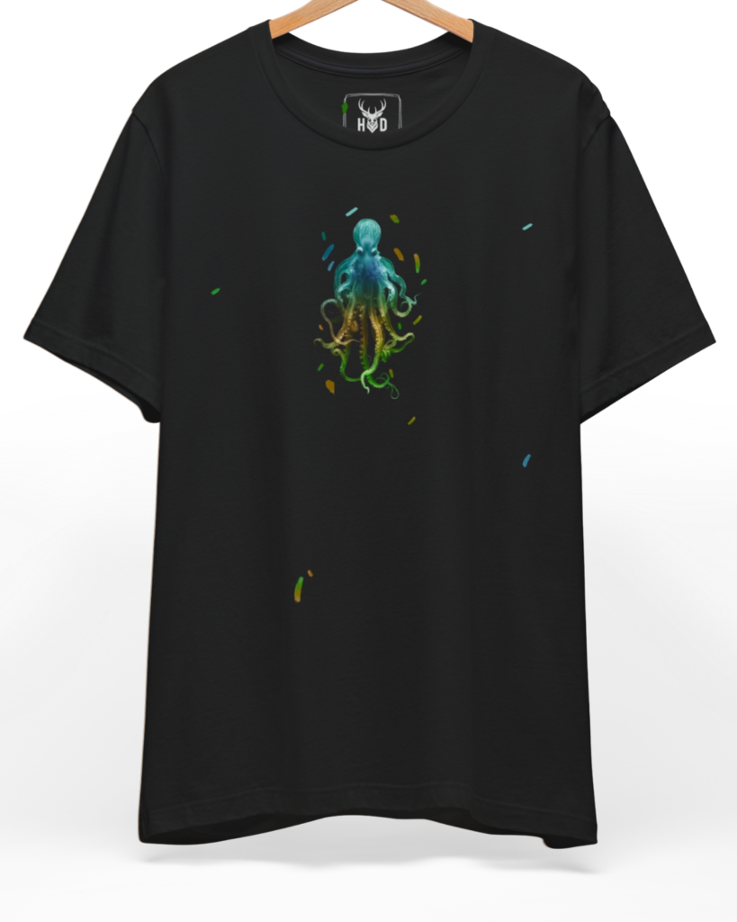 Front perspective of the deep-ocean-art-design-modern-aesthetic-sea-life-tee-by-holydeer-exclusive-marine-drop.jpg garment showing the multi-color ink print aligned perfectly on the chest of a premium Holydeer knit shirt.