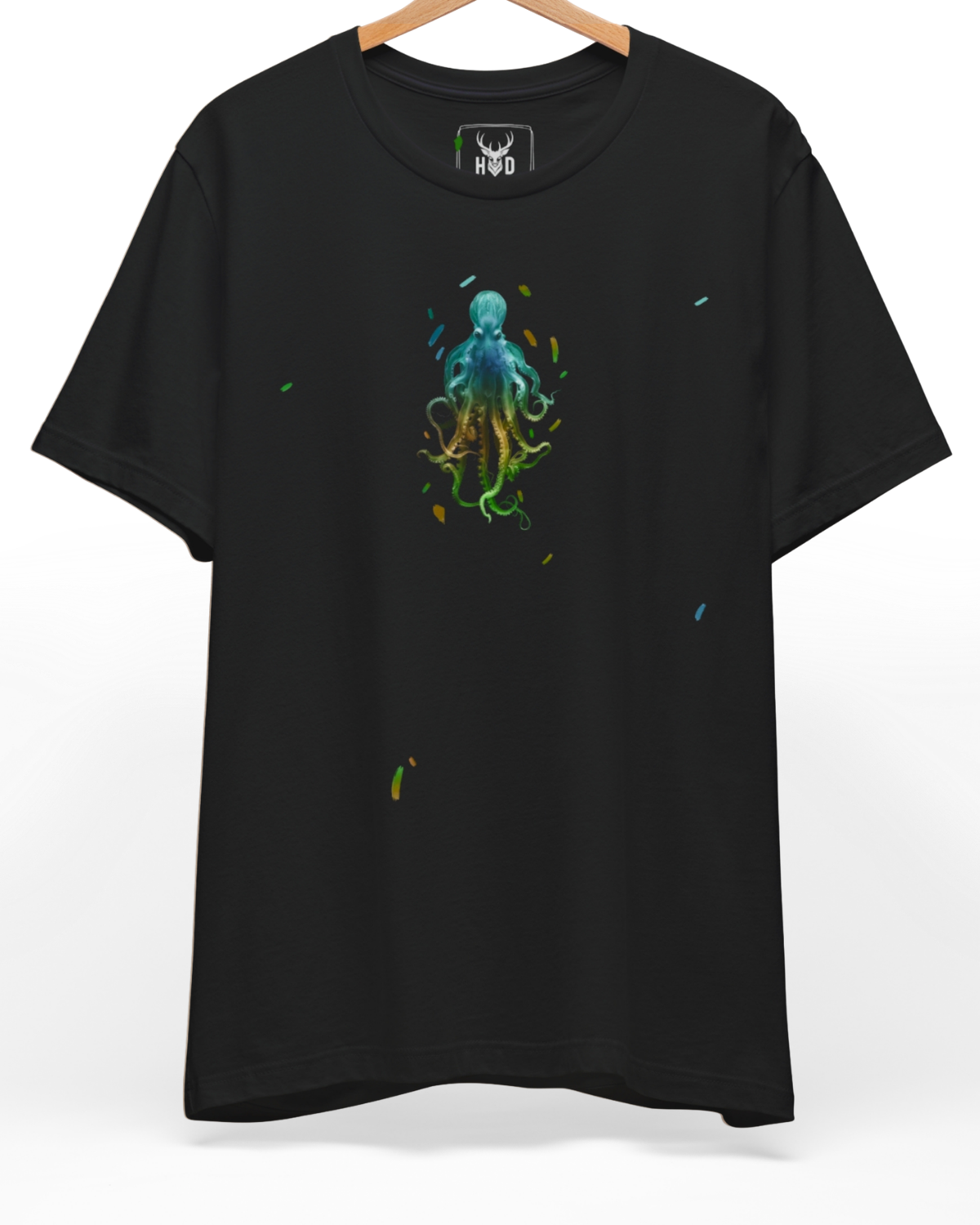 Front perspective of the deep-ocean-art-design-modern-aesthetic-sea-life-tee-by-holydeer-exclusive-marine-drop.jpg garment showing the multi-color ink print aligned perfectly on the chest of a premium Holydeer knit shirt.