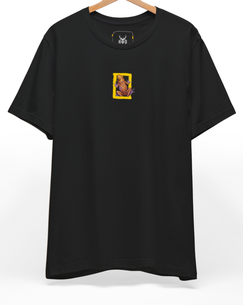 An eye-level studio presentation highlighting the modern-streetwear-graphic-frog-black-essential-apparel-holydeer-limited-series-top.jpg artwork offset on a premium combed teal canvas by Holydeer Clothing.