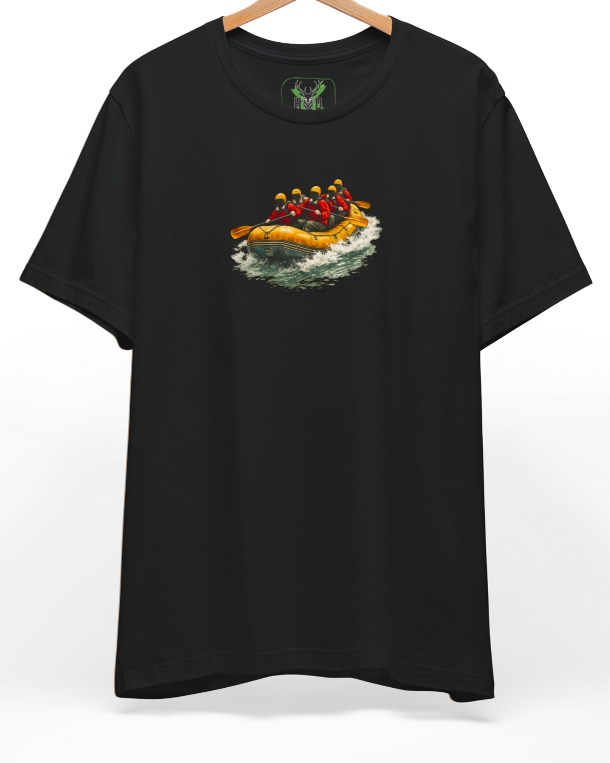 Premium Rafting Tee displaying a high-detail minimalist illustration with an orange raft team and white water tee spray concept on a deep teal shirt layout, designed by Holydeer Clothing.