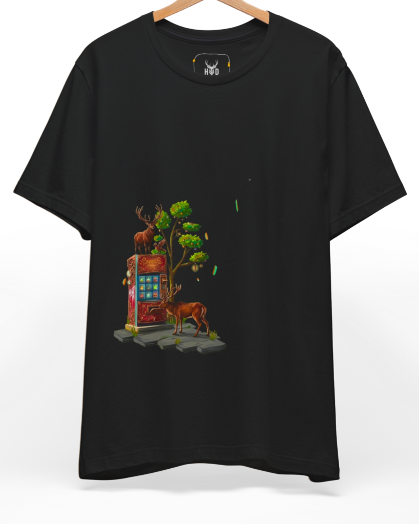 An eye-level studio presentation highlighting the fantasy-nature-art-design-modern-aesthetic-deer-tee-by-holydeer-exclusive-art-drop.jpg artwork positioned on the lower left of a premium combed black cotton canvas by Holydeer Clothing.