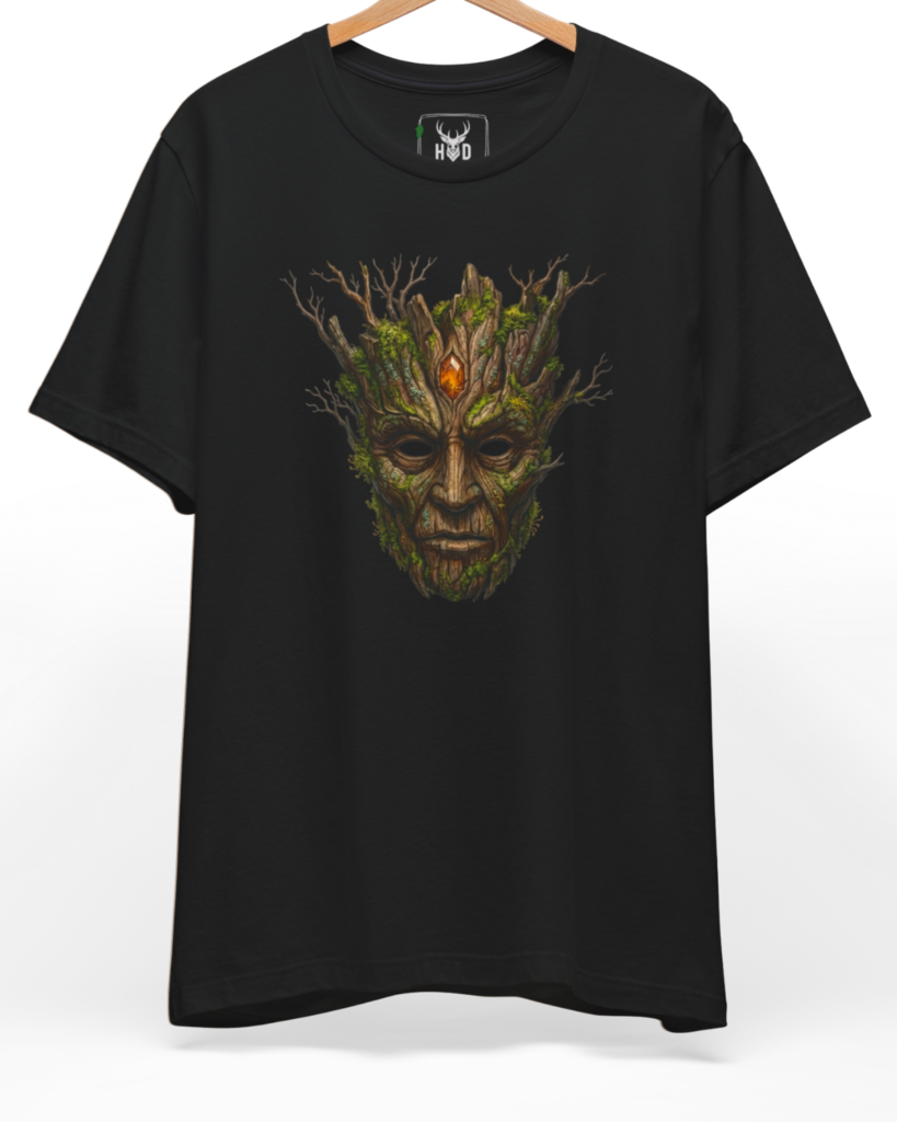 Centered showcase of the mythical-tree-art-design-modern-aesthetic-fantasy-tee-by-holydeer-exclusive-nature-drop.jpg art featuring a mossy wooden face printed on a heavy premium black Holydeer cotton shirt.