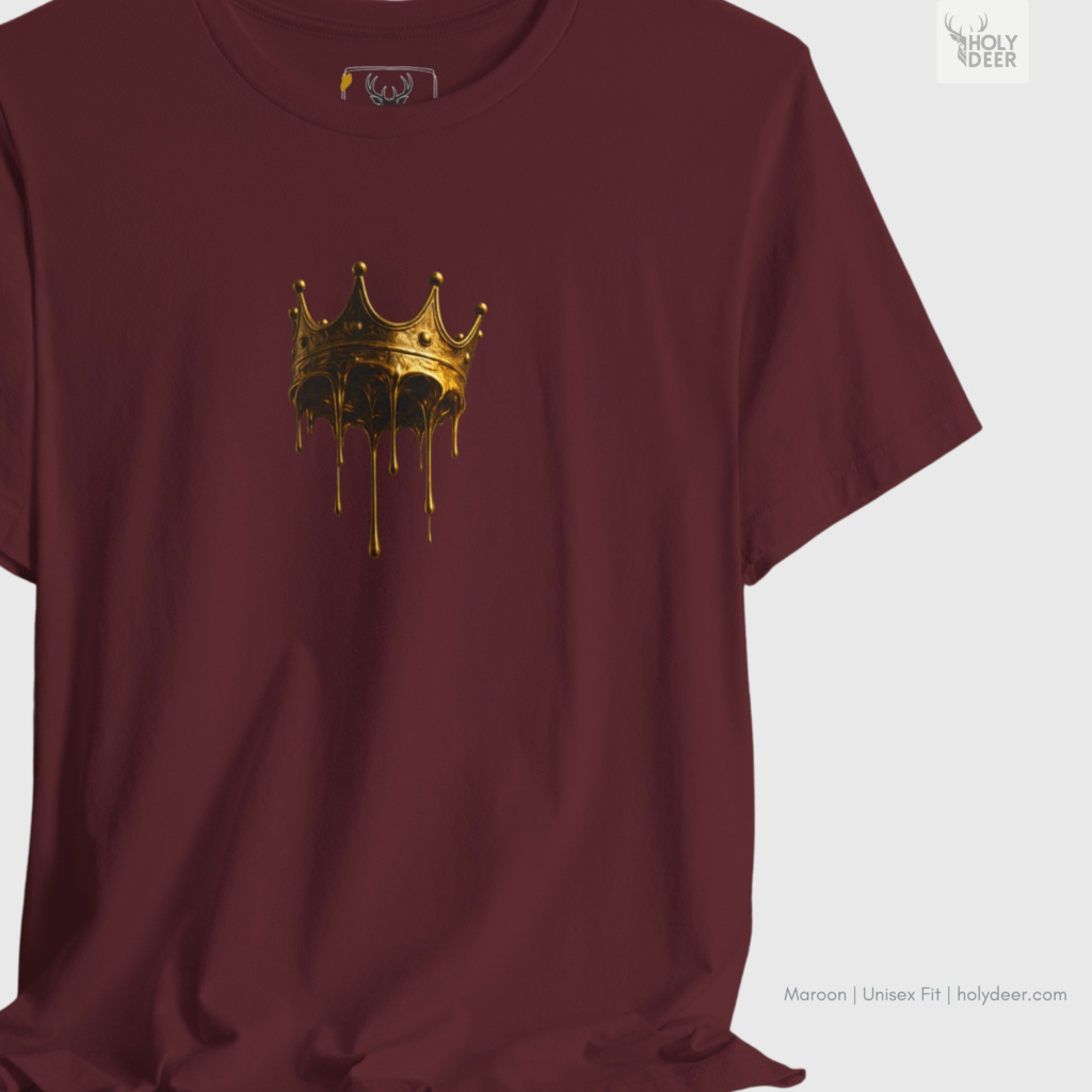 Brutalist concrete architecture studio outdoor lifestyle model wearing the centered Drip Crown Tee from Holydeer Clothing, standing as a high-end royal drip tee statement matching elite premium crown tee trends.