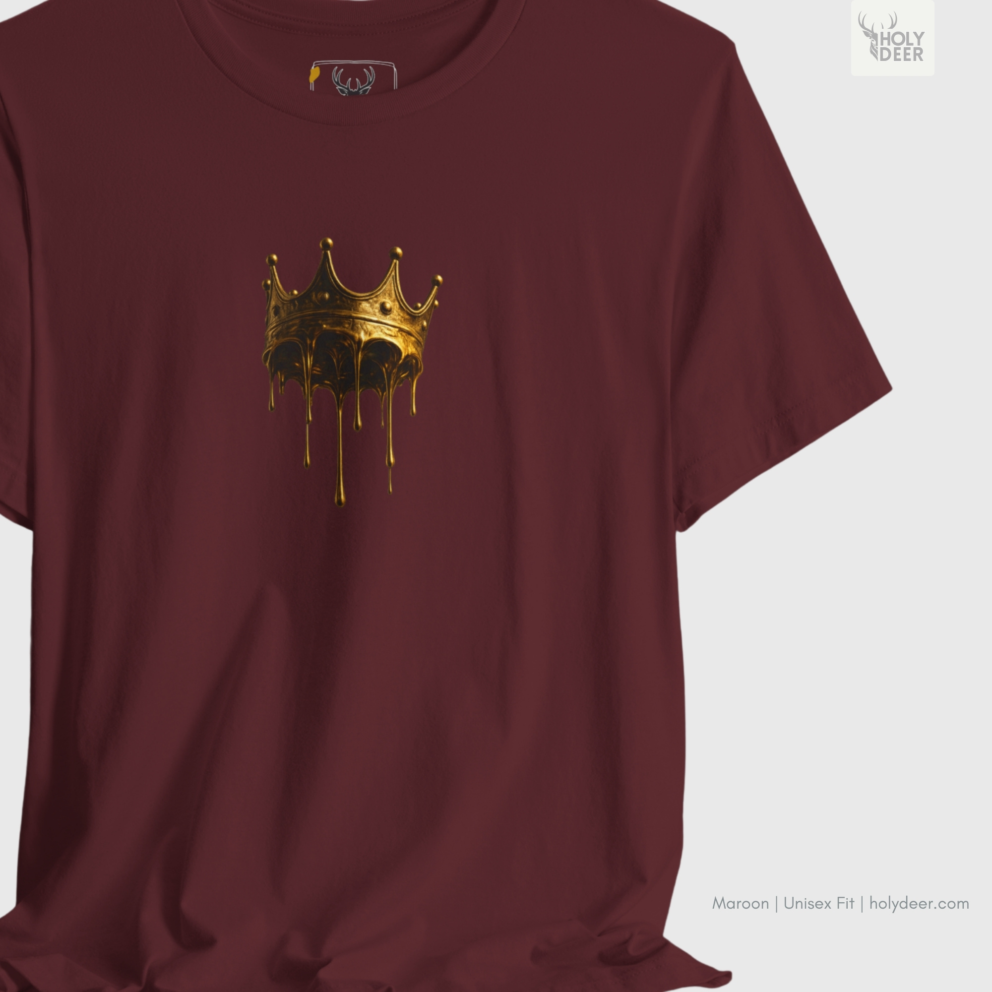 Brutalist concrete architecture studio outdoor lifestyle model wearing the centered Drip Crown Tee from Holydeer Clothing, standing as a high-end royal drip tee statement matching elite premium crown tee trends.