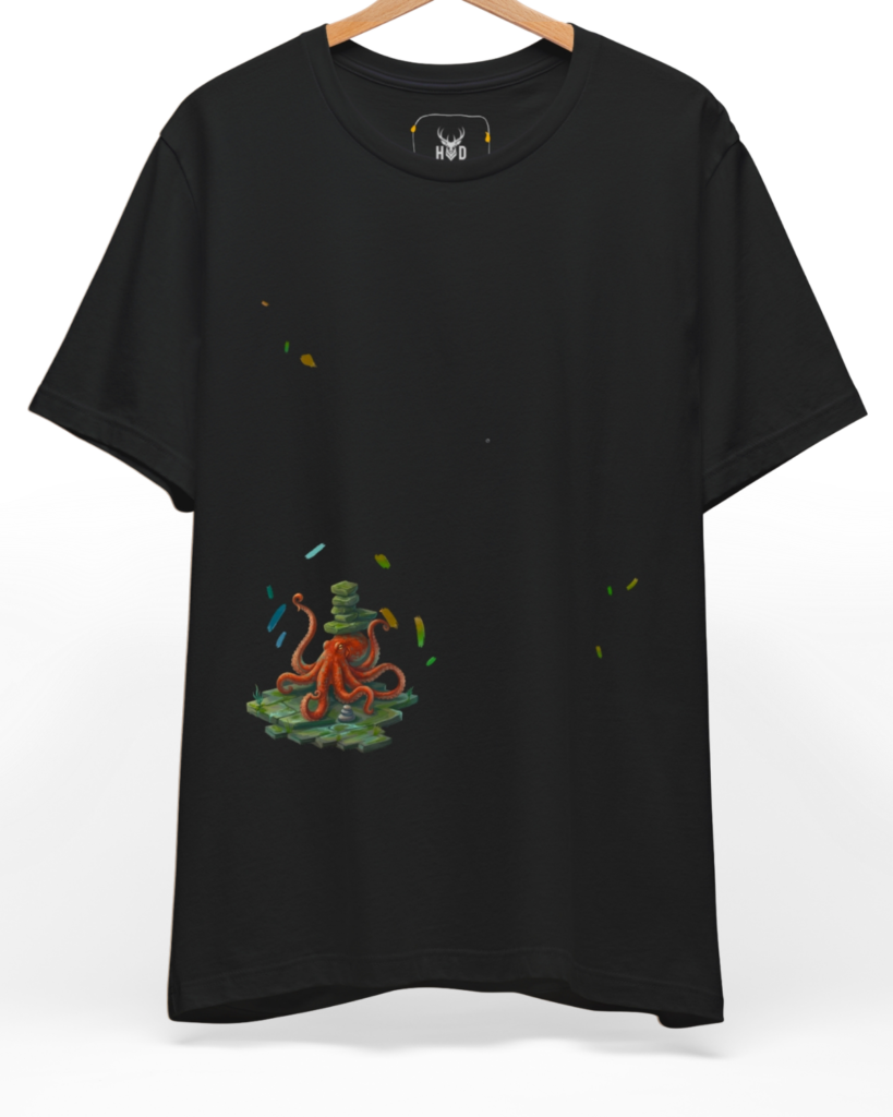 An eye-level studio presentation highlighting the black-zen-octopus-unisex-shirt-mindful-meditation-graphic-t-shirt-holydeer.jpg artwork positioned on the lower left of a premium combed black cotton canvas by Holydeer Clothing.