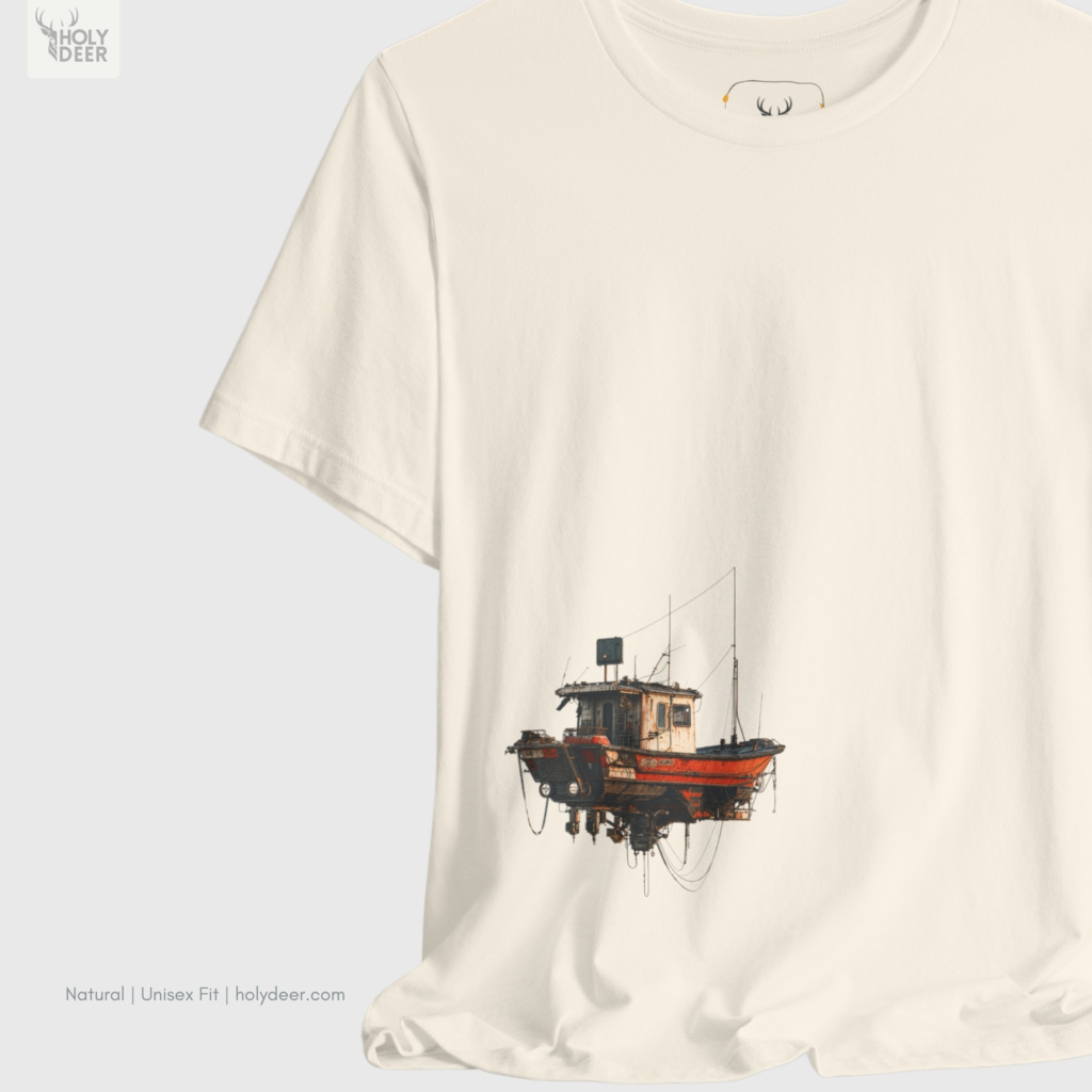 Macro view of the fishing boat tee print showcasing intricate fütüristik mechanical modifications, hanging siber wires, and the raw industrial ship graphic tee rendering crafted exclusively by Holydeer Streetwear.