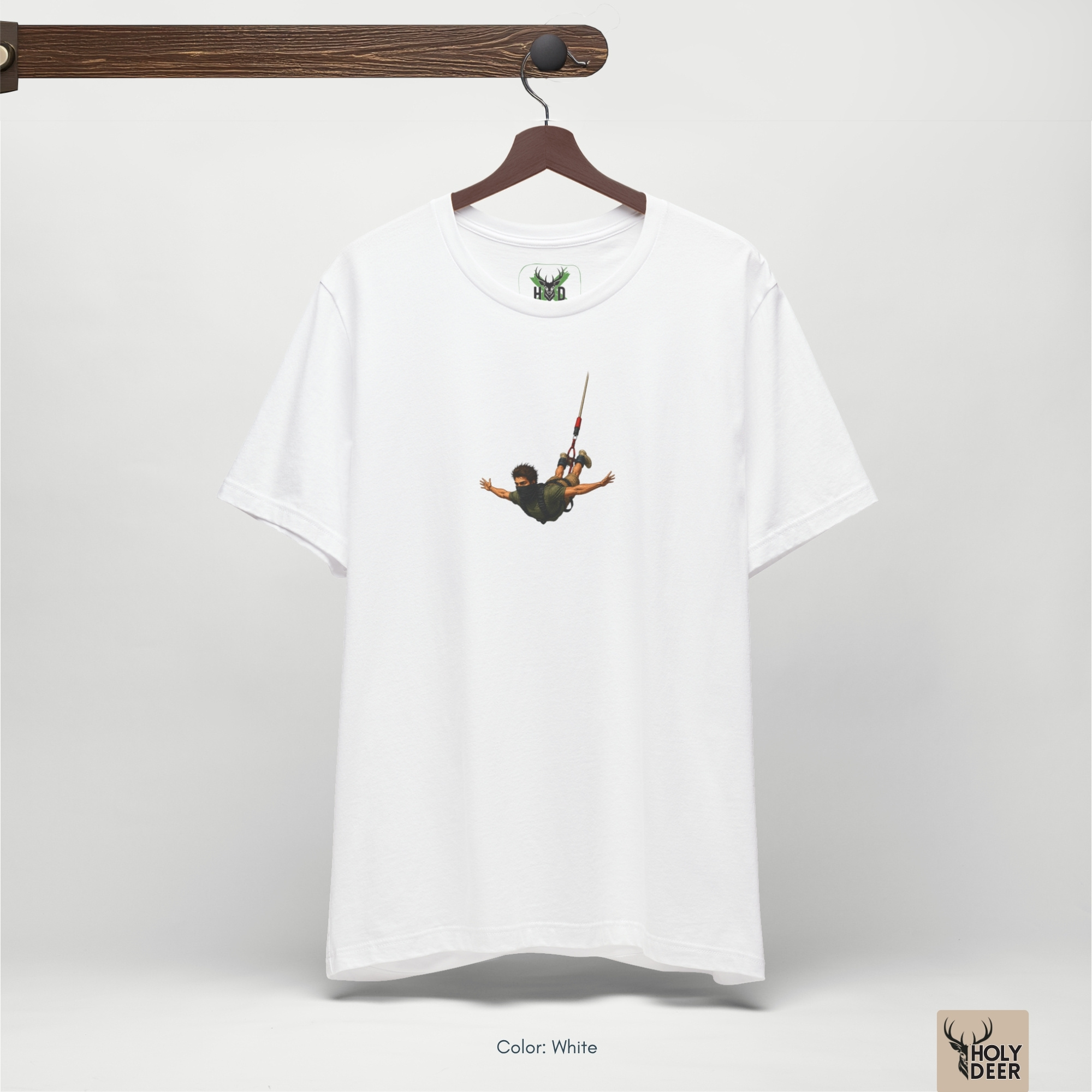 The iconic Bungee Jumping Tee hanging cleanly on a luxury wood hanger, highlighting the robust neckline structure, vertical bungee flyer art flow, and the official holydeer.com retail tags.