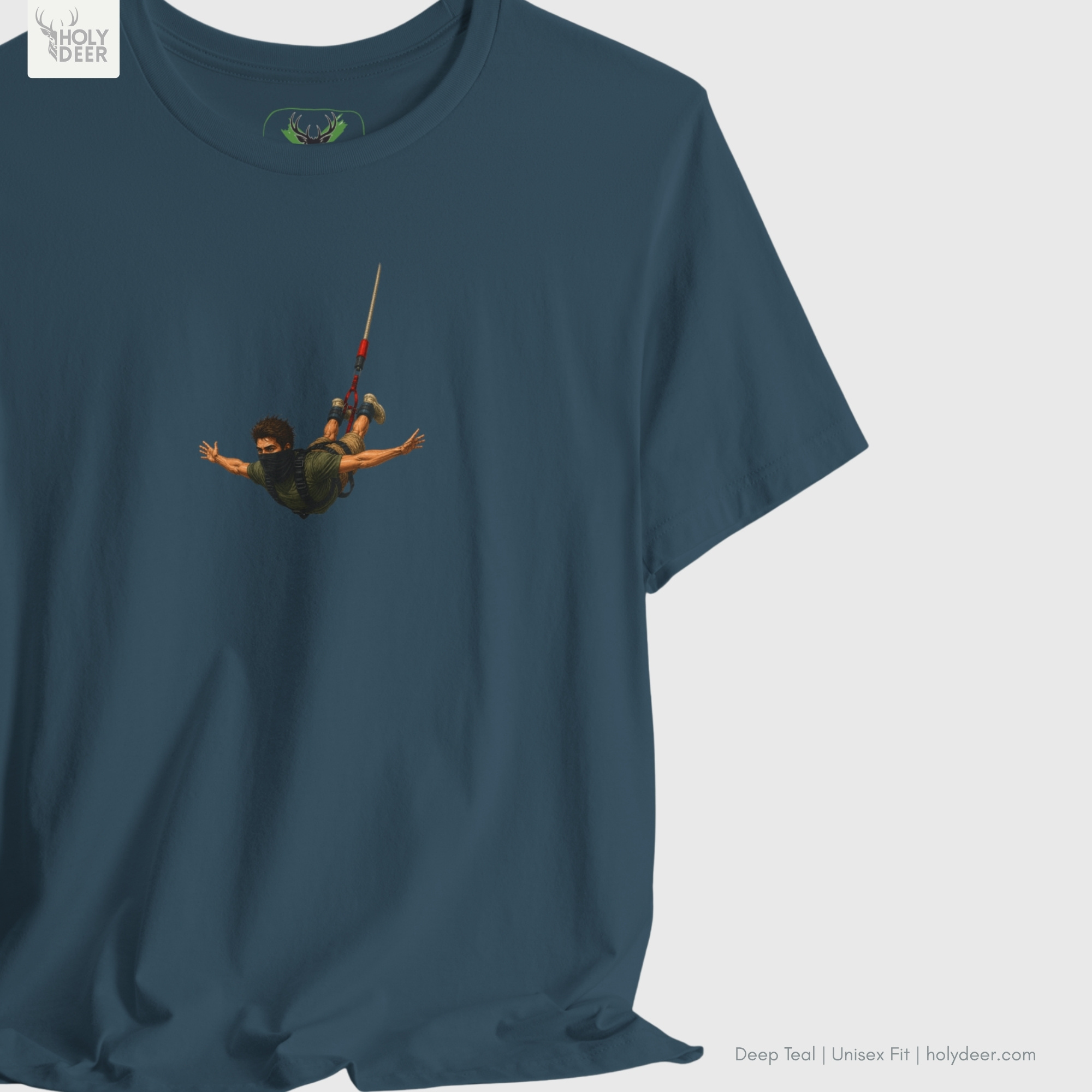 Macro view of the Bungee Jumping Tee print showcasing intricate bungee flyer art linework, sleek tactical mask textures, and the raw creative artist wear rendering crafted exclusively by Holydeer Streetwear.