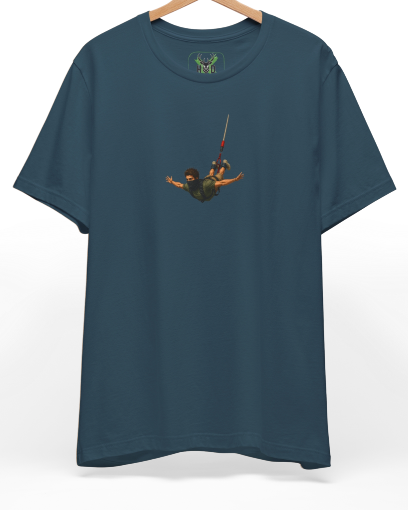 Premium Bungee Jumping Tee displaying a high-detail minimalist illustration with a free fall art tee concept on a deep teal background, designed by Holydeer Clothing for extreme sport gift fans.