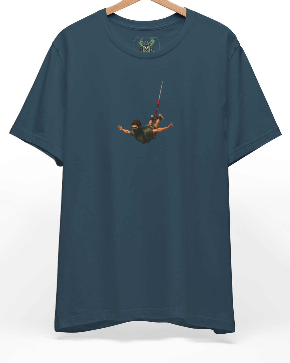 Premium Bungee Jumping Tee displaying a high-detail minimalist illustration with a free fall art tee concept on a deep teal background, designed by Holydeer Clothing for extreme sport gift fans.