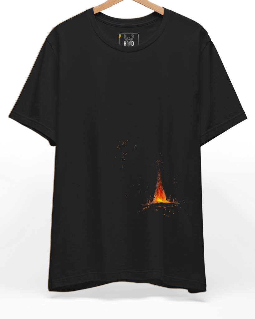 Front perspective of the bonfire-tee-campfire-tshirt-outdoor-camping-shirt-minimal-fire-graphic-night-scene-nature-inspired-design-premium-quality-visual-storytelling.jpg garment showing the glowing fire ink printed on a premium black Holydeer knit shirt.