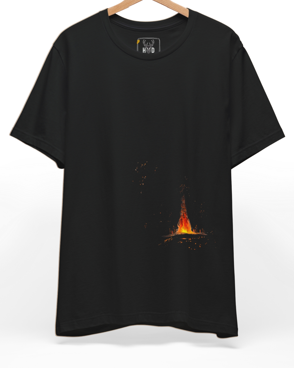 Front perspective of the bonfire-tee-campfire-tshirt-outdoor-camping-shirt-minimal-fire-graphic-night-scene-nature-inspired-design-premium-quality-visual-storytelling.jpg garment showing the glowing fire ink printed on a premium black Holydeer knit shirt.