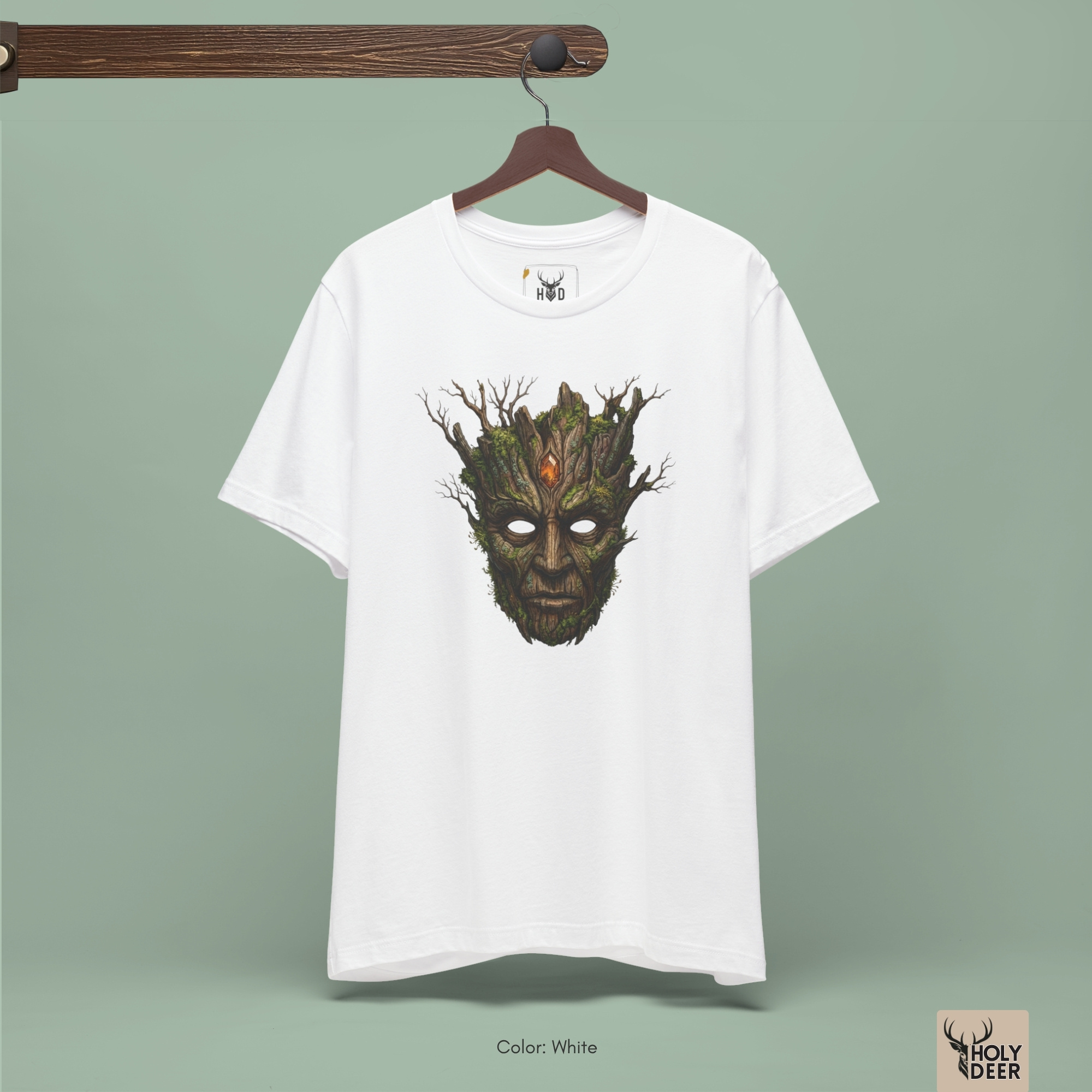 Detailed macro perspective tracking the realistic wood grain grooves, green moss patches, and shaded hollow eye sockets of the ent mythology tee art.