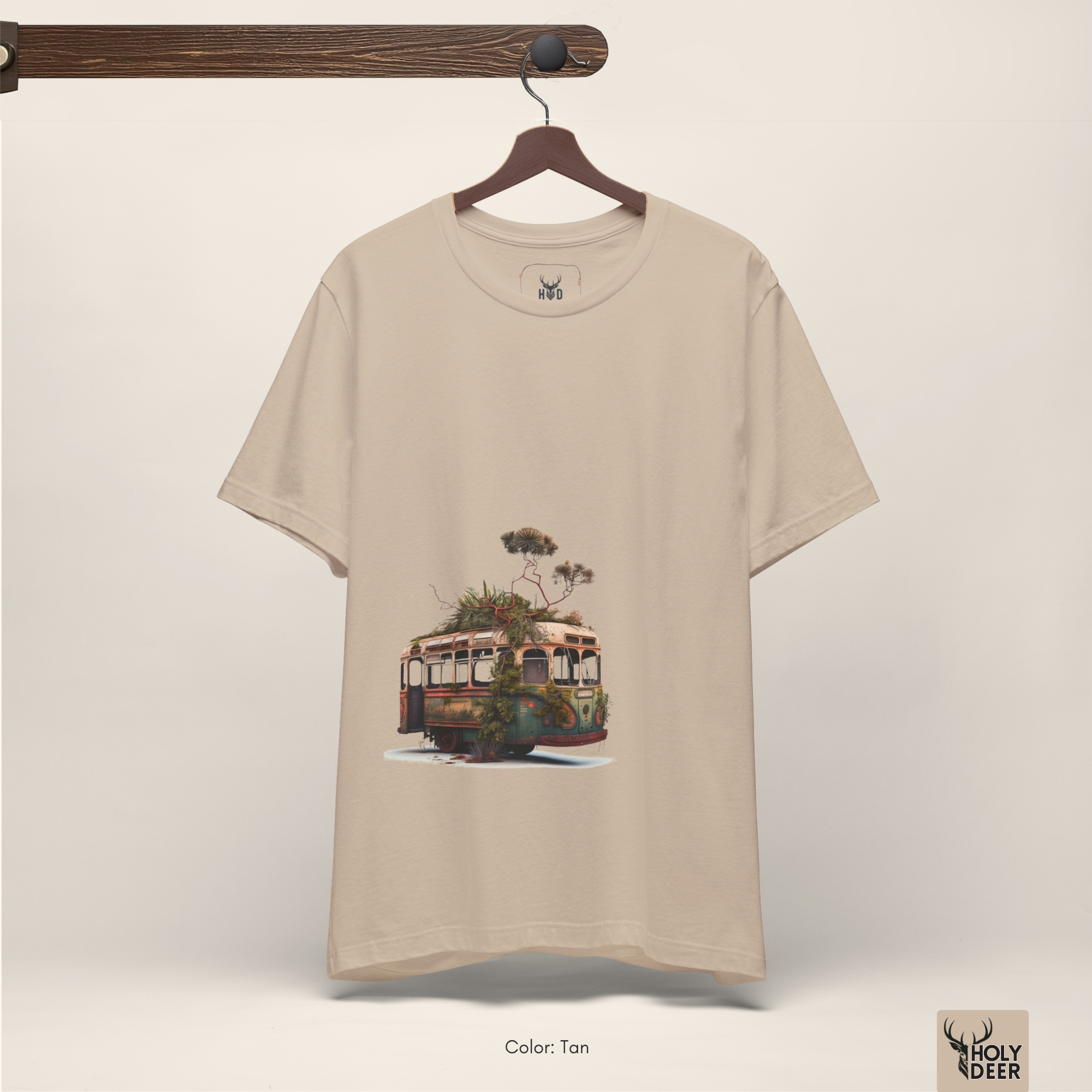 Soft dramatic botanical shadow studio ray backdrop framing the unique Surreal Bus Tee by Holydeer Streetwear, magnifying the clean centered dreamlike bus tee placement and premium vintage white presentation.