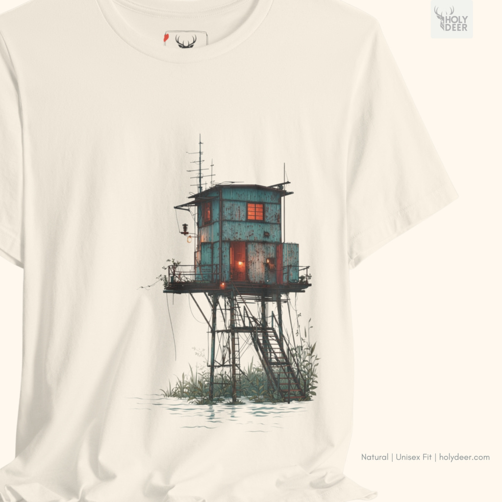 Industrial concrete pier lifestyle model wearing the centered Surreal Coastal Watchtower Shirt from Holydeer Clothing, standing as a high-end coastal tshirt statement matching elite surreal house tee trends.
