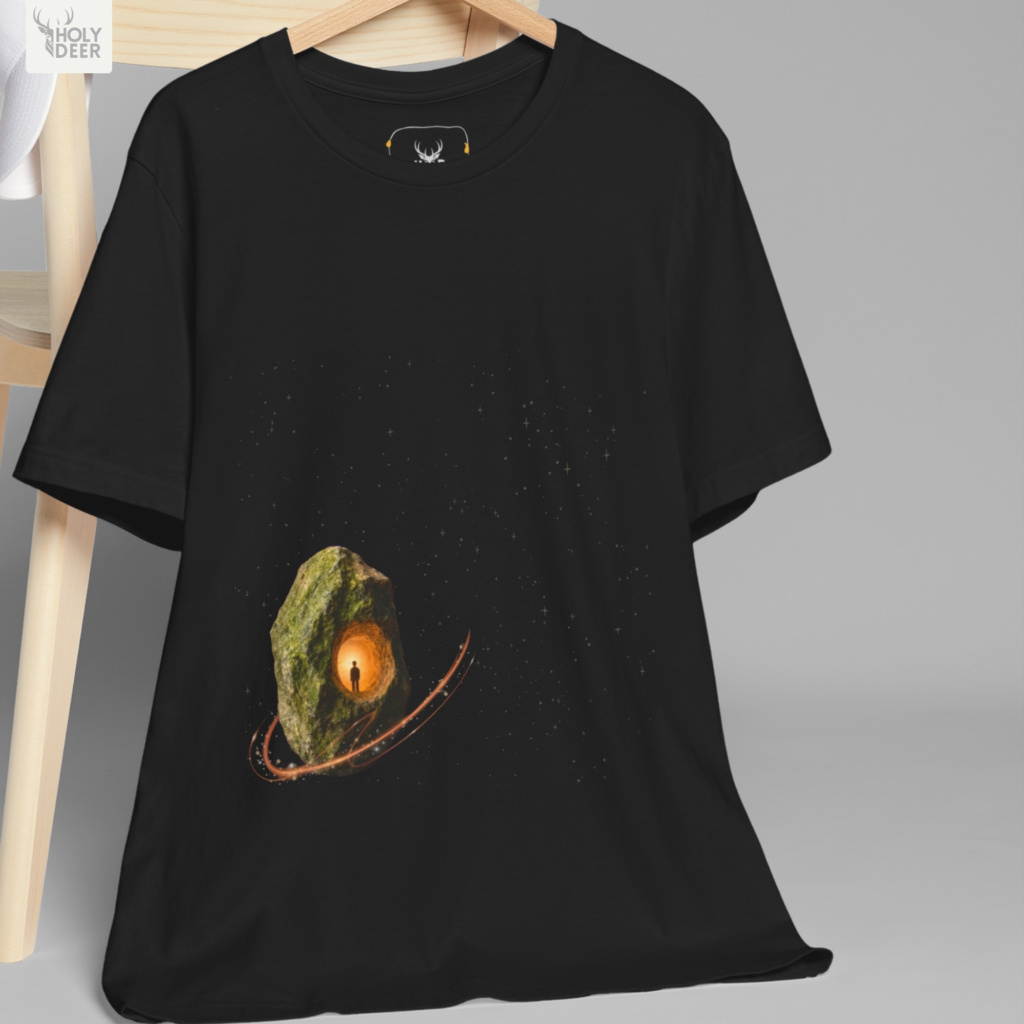 Micro realism printing details showcasing the fine human silhouette stance, high-contrast amber core gradients, and sharp vector precision of the astronaut tshirt design.