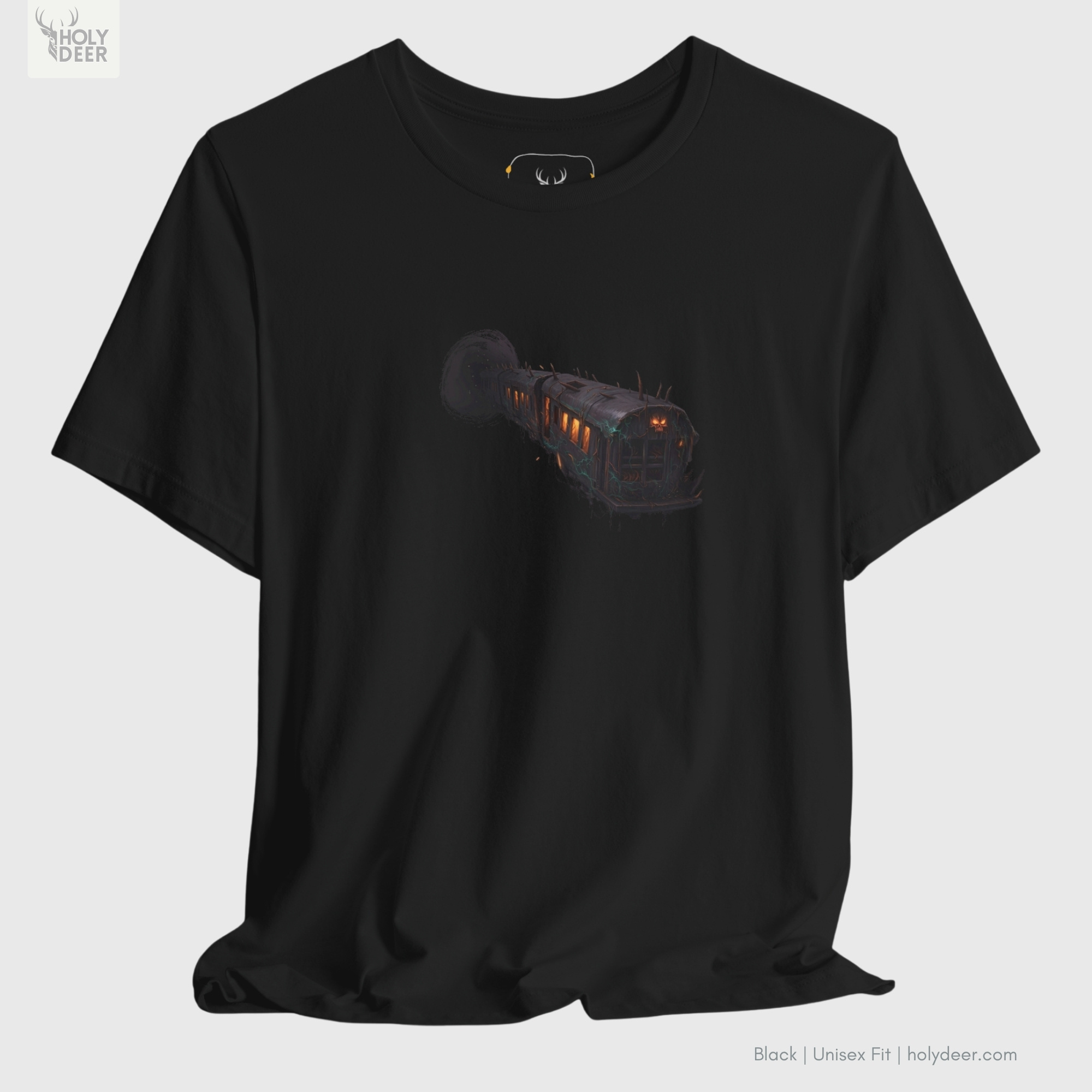 Macro view of the Eerie Surreal Train Graphic Tee print showcasing intricate rust textures on the surreal train tshirt hull, glowing red window light clusters, and the raw minimal aesthetic shirt lines crafted exclusively by Holydeer Streetwear.