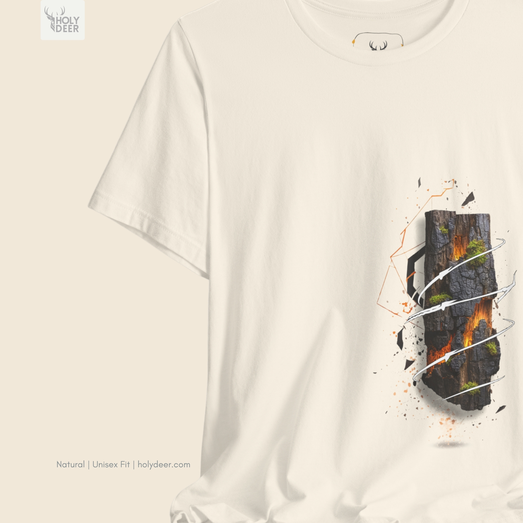 Macro view of the Lava Rock Tshirt print showcasing intricate ink line-hatching on the dark volcanic stone veins, vivid orange burning earth tee magma channels, and micro moss growths crafted exclusively by Holydeer Streetwear.