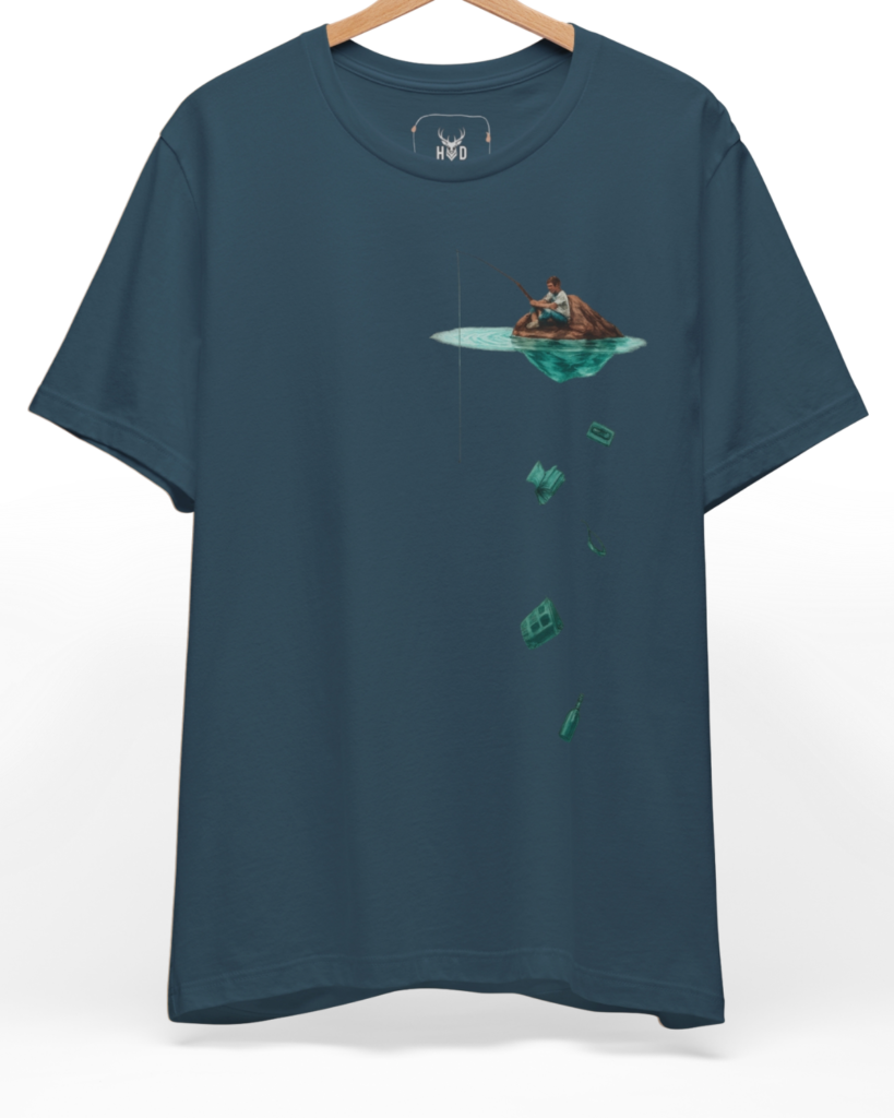 Premium Surreal Fishing Tee displaying a unique deep fishing tee hidden depths tee surreal fishing tee below the calm visual depth layout on a deep teal top backdrop, designed by Holydeer Clothing.