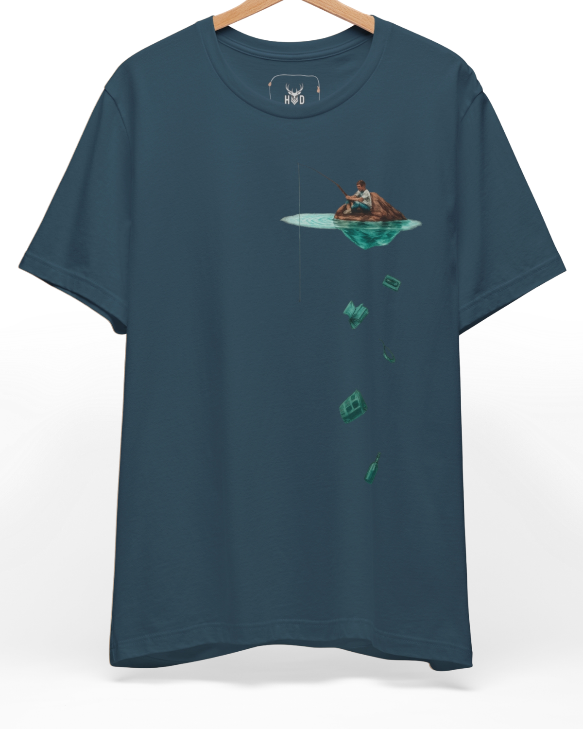 Premium Surreal Fishing Tee displaying a unique deep fishing tee hidden depths tee surreal fishing tee below the calm visual depth layout on a deep teal top backdrop, designed by Holydeer Clothing.