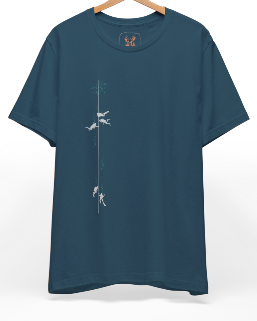 Premium Scuba Diving Tee displaying a high-detail minimalist illustration with a vertical line of divers on a deep teal graphic tee layout, designed by Holydeer Clothing.