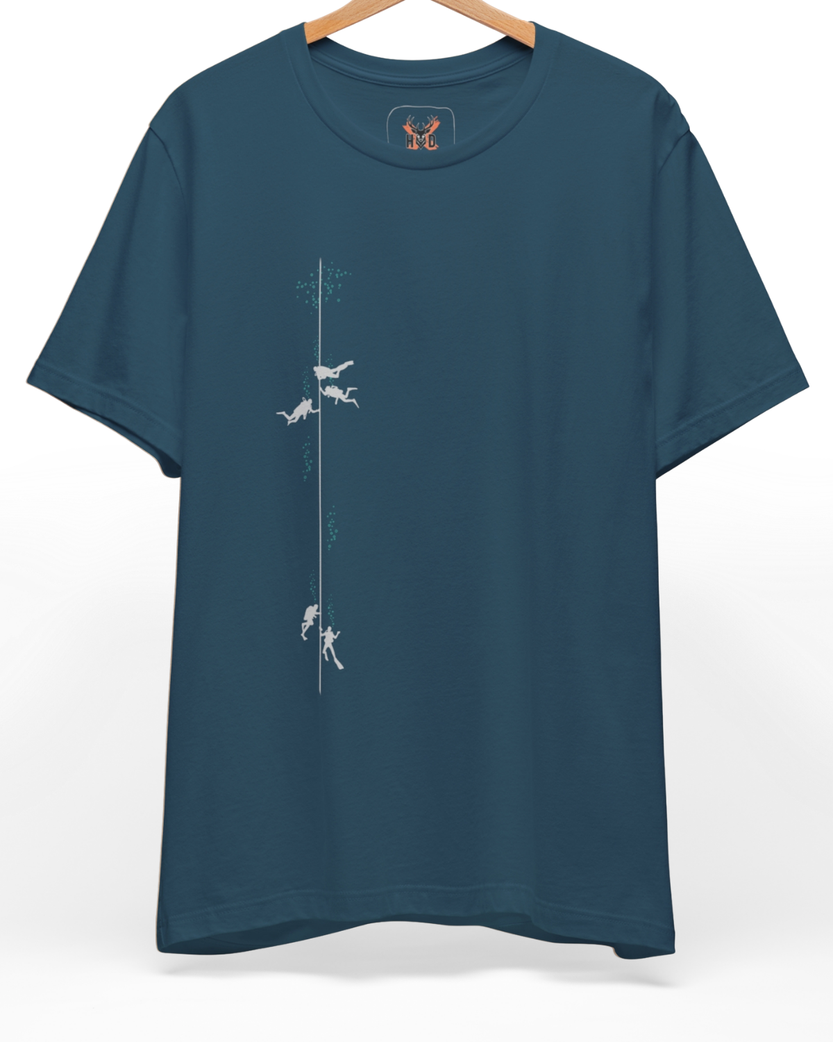 Premium Scuba Diving Tee displaying a high-detail minimalist illustration with a vertical line of divers on a deep teal graphic tee layout, designed by Holydeer Clothing.