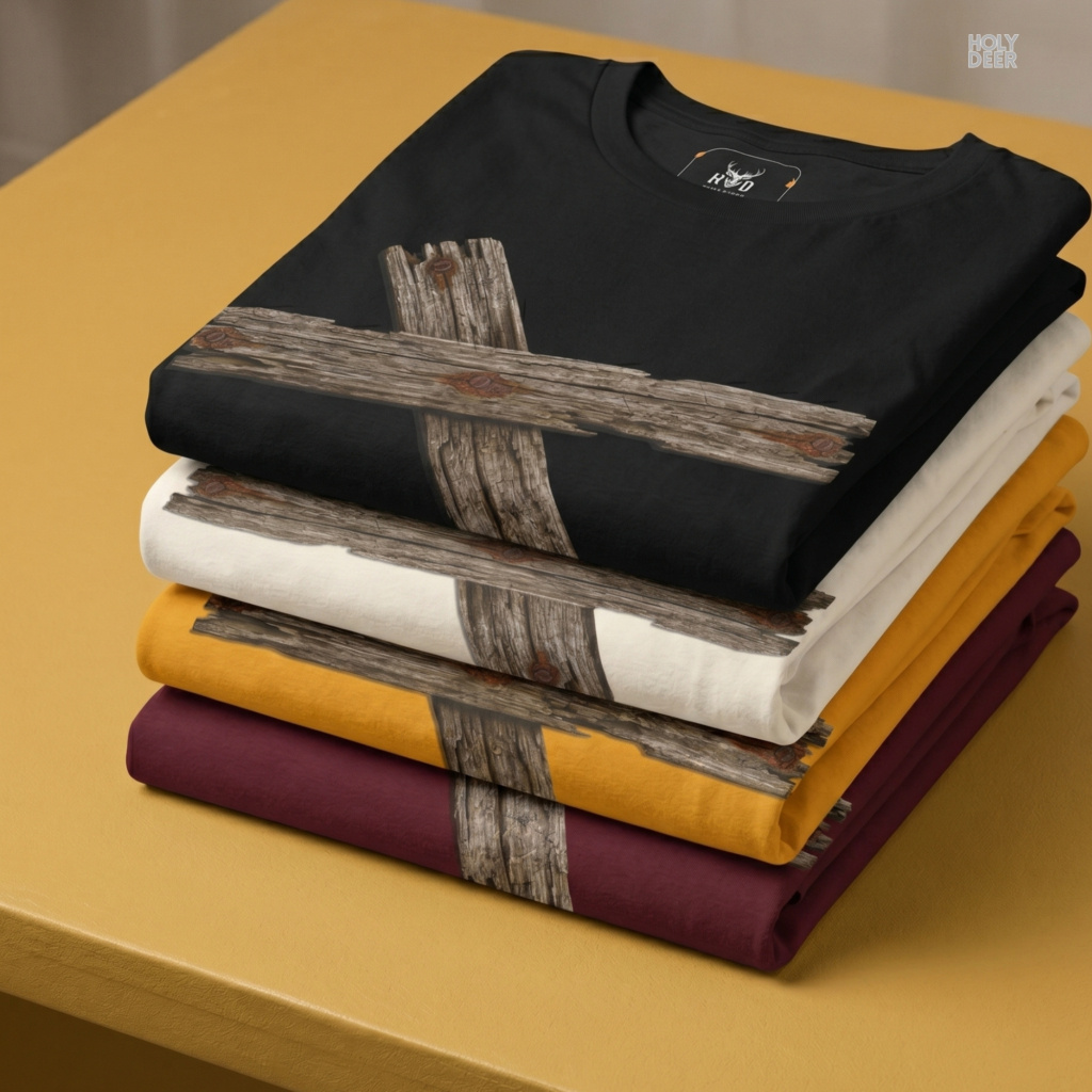 Macro view of the Wooden Cross Tshirt print showcasing intricate ink line-hatching on the weathered timber fiber layers, deep grain cracks, and oxidized rusty iron nailheads crafted exclusively by Holydeer Streetwear.