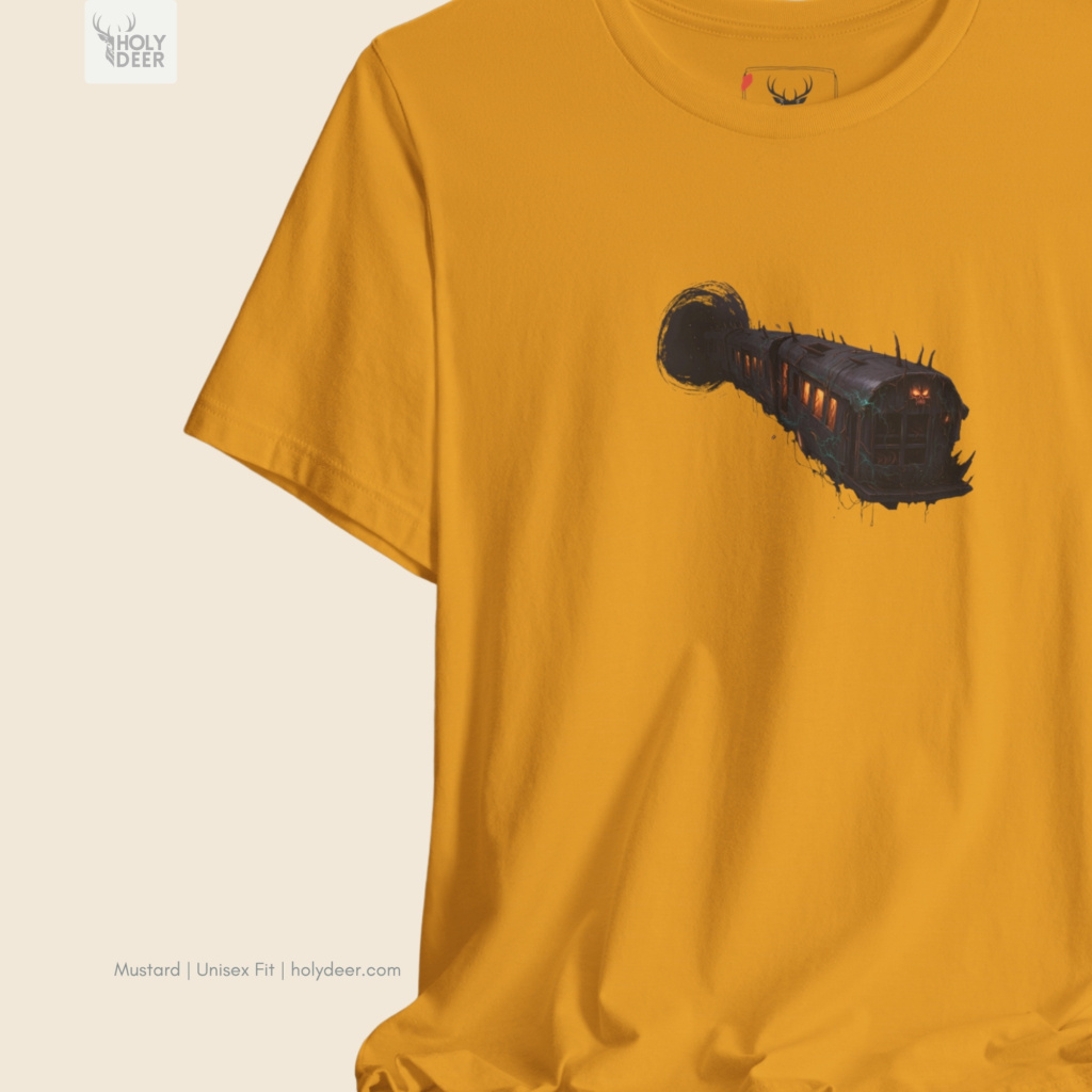 Angled perspective of the premium screen-printed Eerie Surreal Train Graphic Tee, detailing the thick paint feel of the dark tunnel scene mouth and ink splatter elements, centered placement, and the signature holydeer tee high-contrast layout.