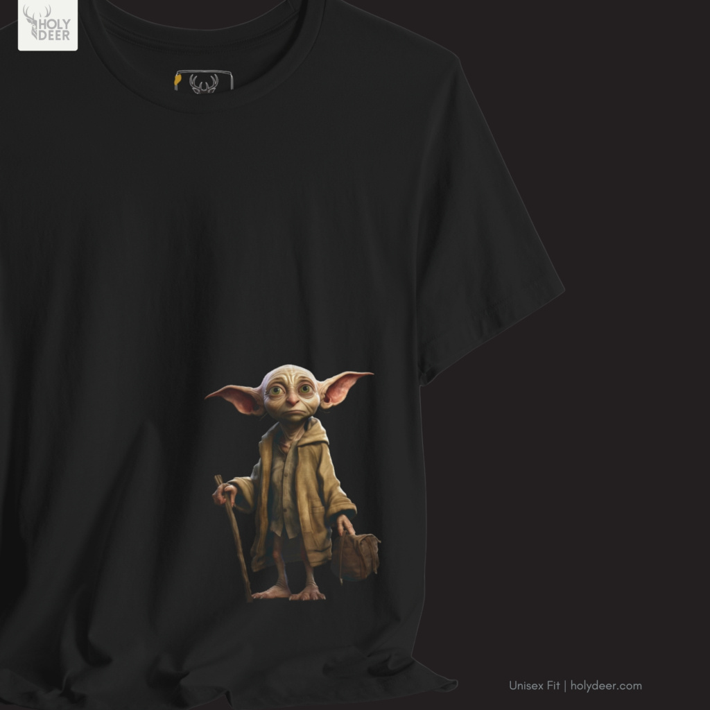 Macro view of the Fantasy Traveler Tee print showcasing intricate line-art wrinkles on the wise goblin face, textured linen robe folds, and fine aesthetic fantasy lines crafted exclusively by Holydeer Streetwear.