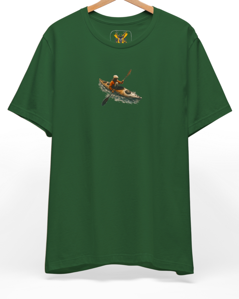 Premium Kayak Tee displaying a high-detail minimalist illustration with an orange kayaker adventure graphic concept on an evergreen shirt layout, designed by Holydeer Clothing.