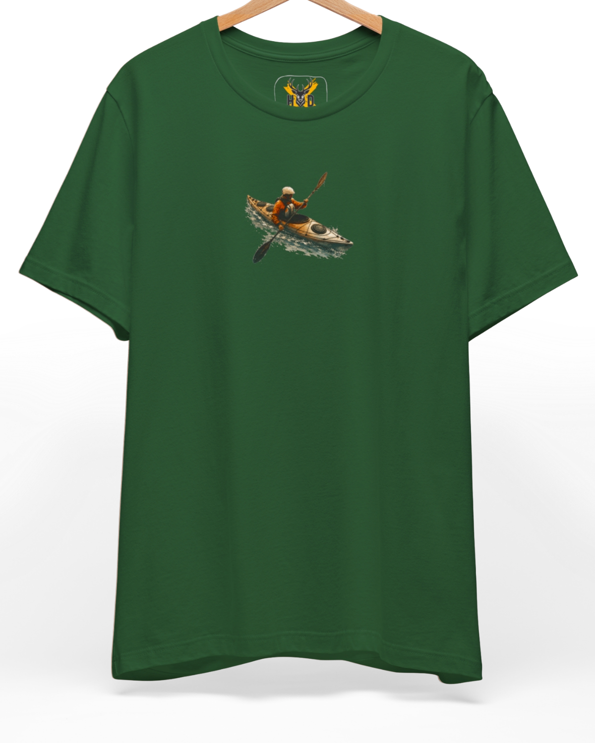 Premium Kayak Tee displaying a high-detail minimalist illustration with an orange kayaker adventure graphic concept on an evergreen shirt layout, designed by Holydeer Clothing.