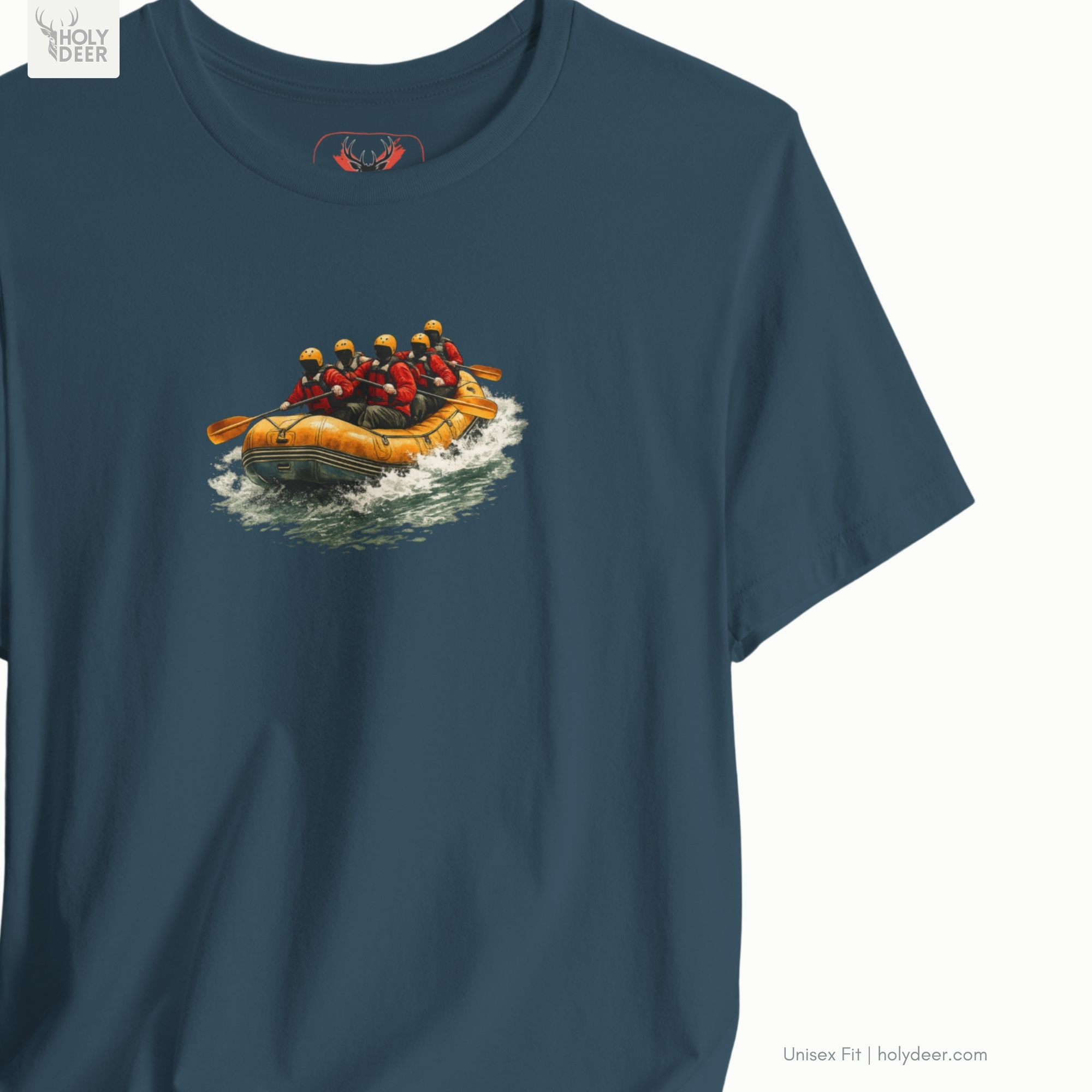 Minimalist dark backdrop focusing heavily on the standalone silhouette of the Rafting Tee by Holydeer, proving it acts as a unique artist gift and an essential black graphic tee piece.