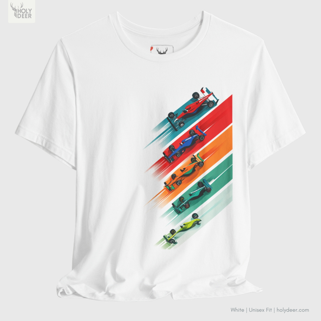Paddock urban lifestyle model wearing the asymmetrically balanced formula 1 gift from Holydeer Clothing, standing as a high-end formula 1 shirt statement matching elite racing graphic tee trends.