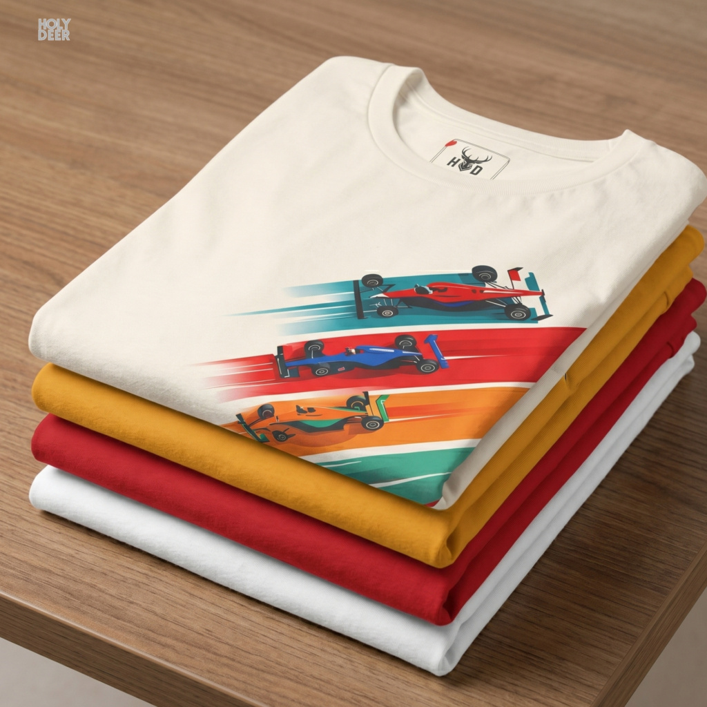 Angled perspective of the premium screen-printed formula 1 gift, detailing the thick paint feel, formula 1 shirt alignment, and the signature holydeer tee high-contrast f1 gift look.