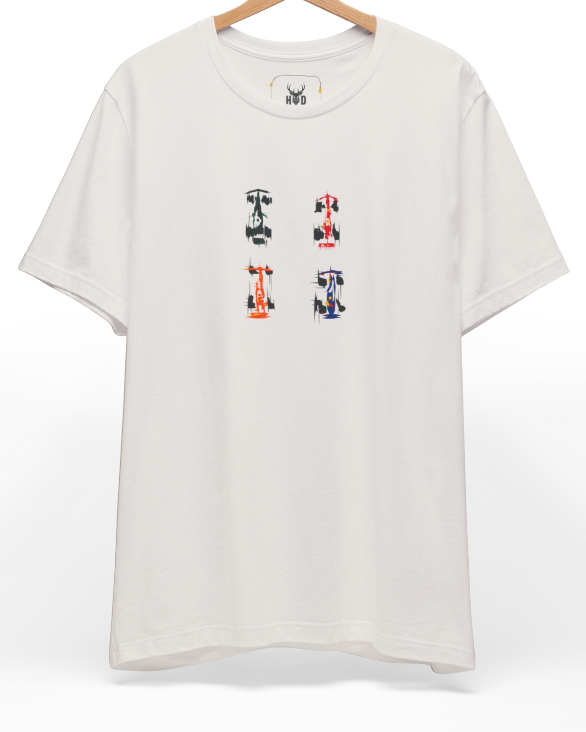 Premium f1 tshirt displaying a high-detail minimalist illustration with a 2x2 matrix grid race car tee layout on a crisp white formula 1 shirt design, crafted by Holydeer Clothing.