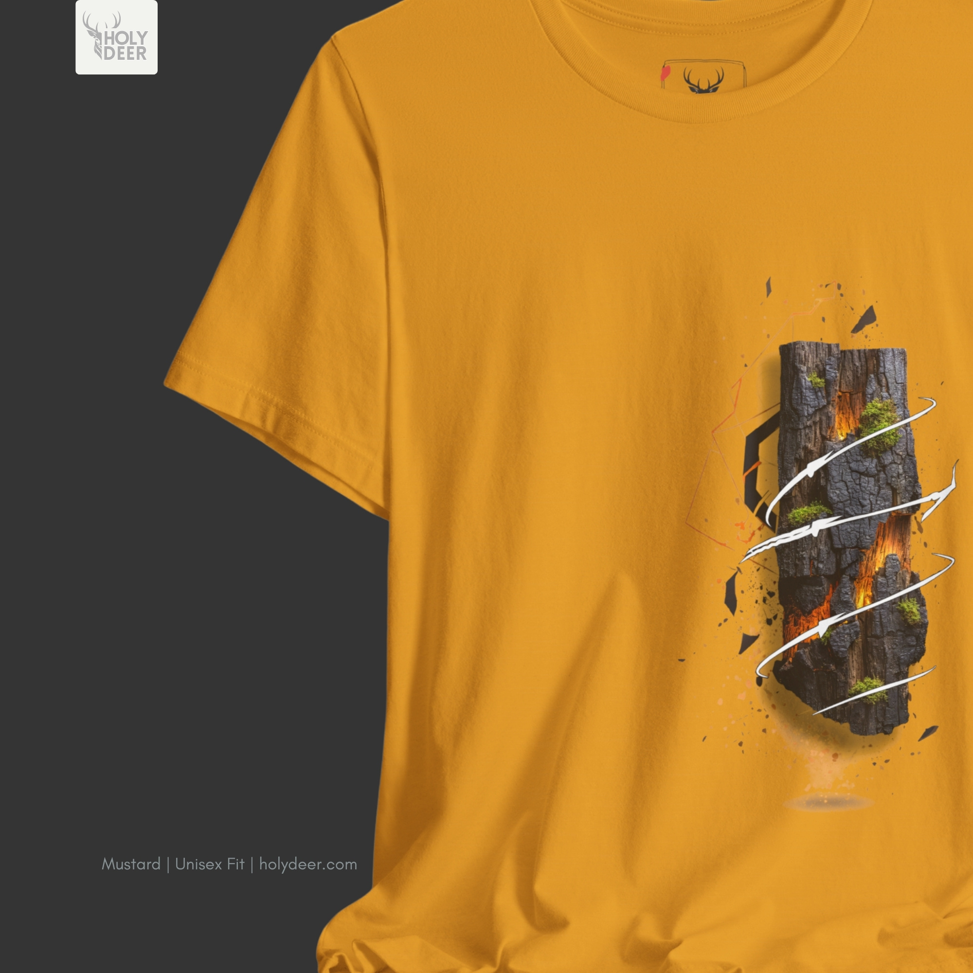 Angled perspective of the premium screen-printed Lava Rock Tshirt, detailing the thick paint feel of the vertical stone layout and swirling white vector lines, side layout placement, and the signature holydeer tee high-contrast design.