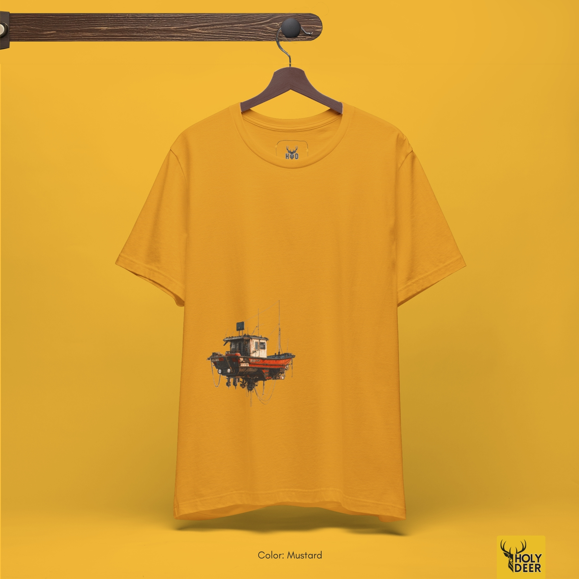 Urban lifestyle model wearing the asymmetrically balanced fishing boat tee from Holydeer Clothing, standing as a high-end fisherman shirt statement matching elite indie graphic tee trends.