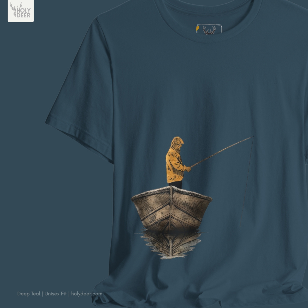 Macro view of the fishing tshirt print showcasing intricate vintage fishing tee lines, fine wooden hull pointillism, and the raw quiet life tee rendering crafted exclusively by Holydeer Streetwear.