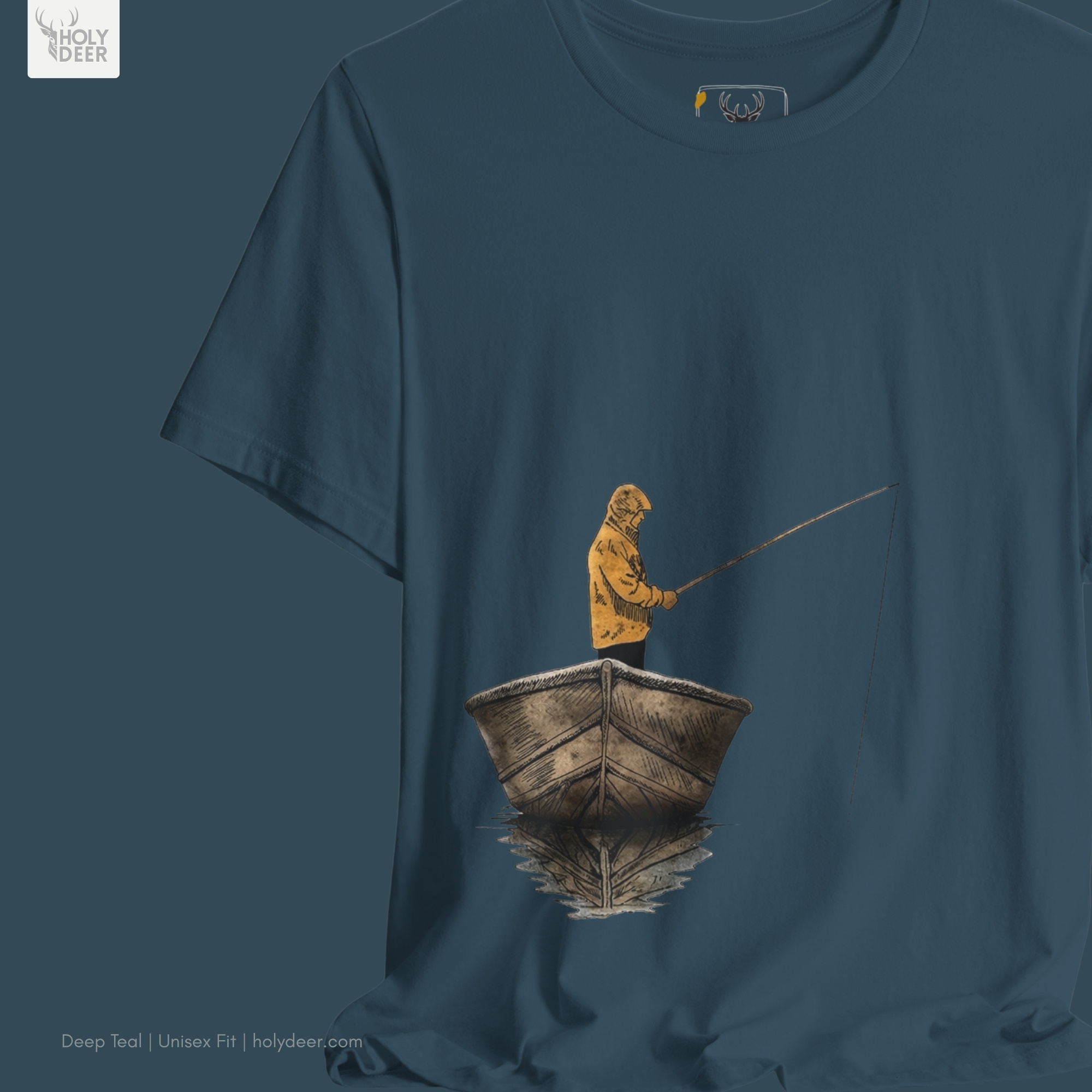 Macro view of the fishing tshirt print showcasing intricate vintage fishing tee lines, fine wooden hull pointillism, and the raw quiet life tee rendering crafted exclusively by Holydeer Streetwear.